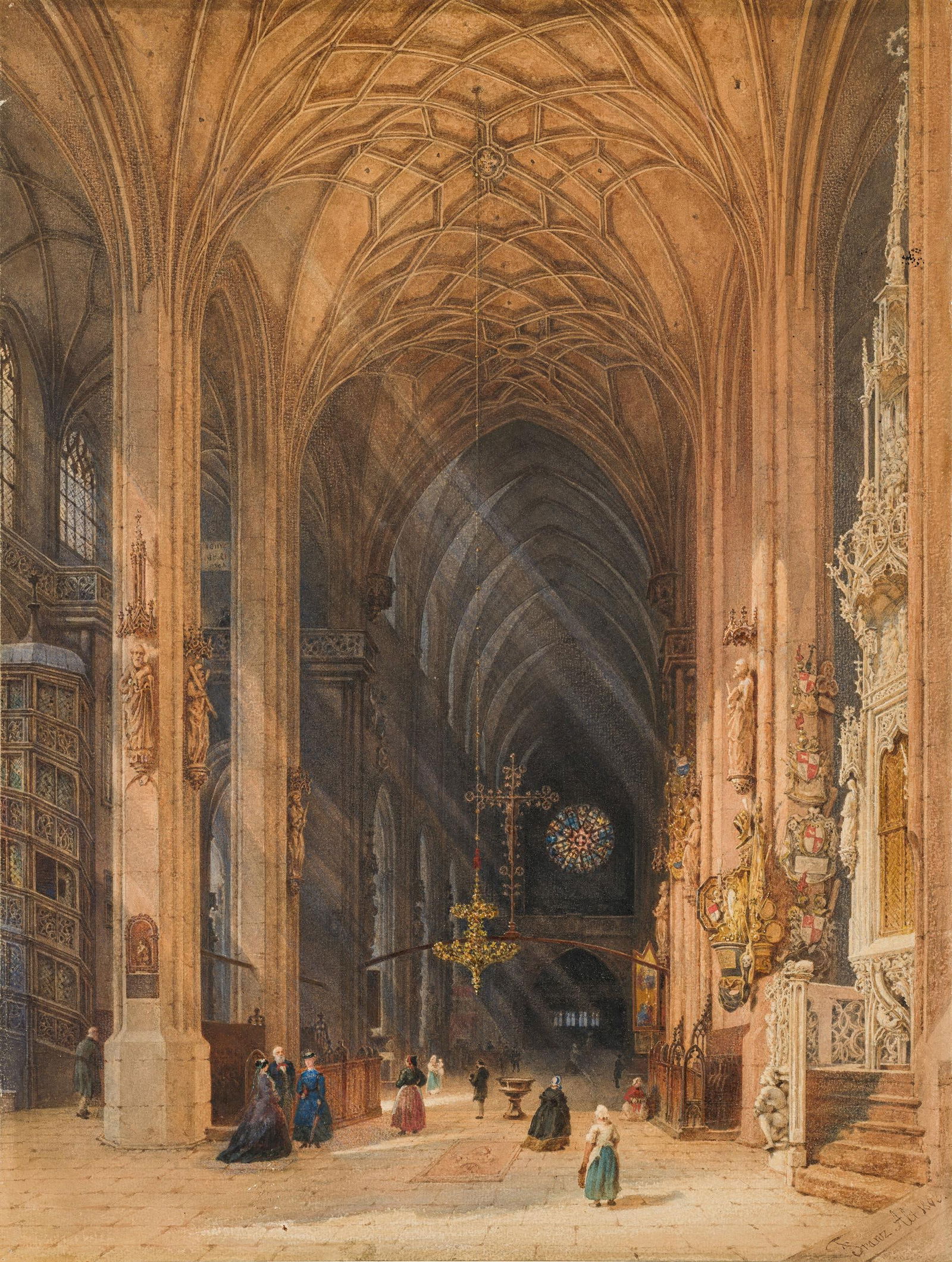 Franz Alt: Blick in das Langhaus der Lorenzkirche in Nürnberg: Franz Alt Blick in das Langhaus der Lorenzkirche in Nürnberg 1863 Aquarell auf Papier; gerahmt 49,5 x 37,5 cm Signiert und datiert rechts unten: Franz Alt 1863. Privatbesitz, Österreich 