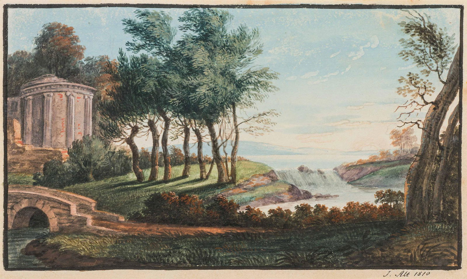 Jakob Alt: Italienische Flusslandschaft mit Rundtempel: Jakob Alt Italienische Flusslandschaft mit Rundtempel 1810 Aquarell auf Papier; gerahmt 9,5 x 16,3 cm Signiert und datiert rechts unten: J. Alt 1810 Sotheby's München, 7.12.1993, Nr. 43; seither