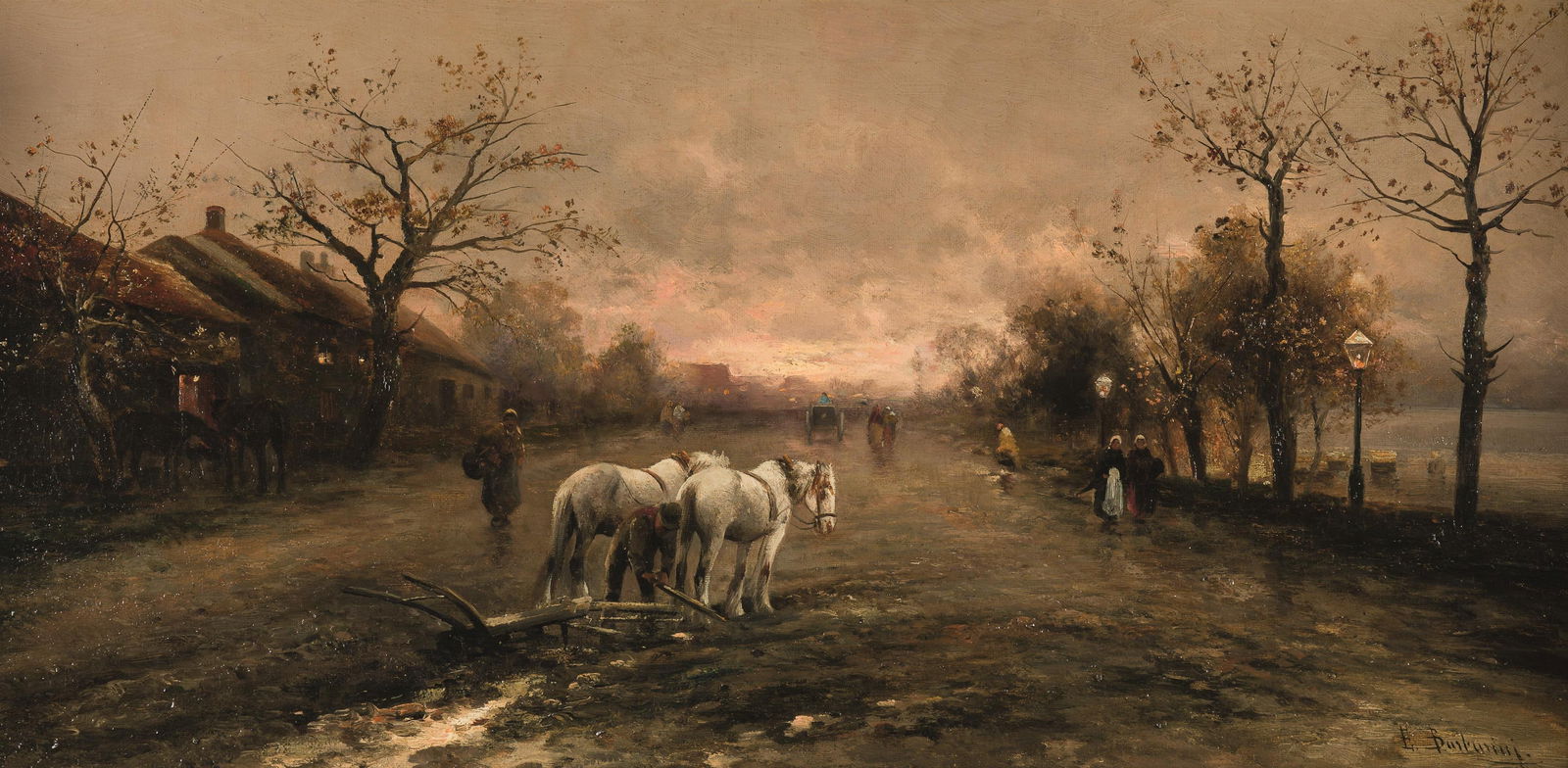 Emil Barbarini: Abend auf der Dorfstraße: Emil Barbarini Abend auf der Dorfstraße Öl auf Leinwand; gerahmt 32 x 63 cm Signiert rechts unten: E. Barbarini. Rückseitig bezeichnet: Abend auf der Dorfstraße Privatsammlung,