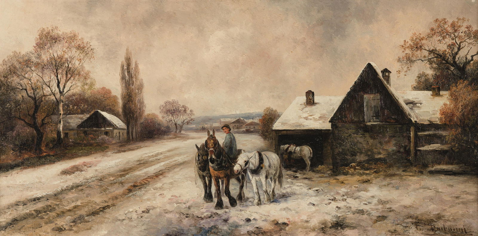 Emil Barbarini: Bei der Dorfschmiede: Emil Barbarini Bei der Dorfschmiede Öl auf Leinwand; gerahmt 31,5 x 64 cm Signiert rechts unten: E. Barbarini Rückseitig auf Etikett bezeichnet: By the / village=forge Dorotheum Wien,
