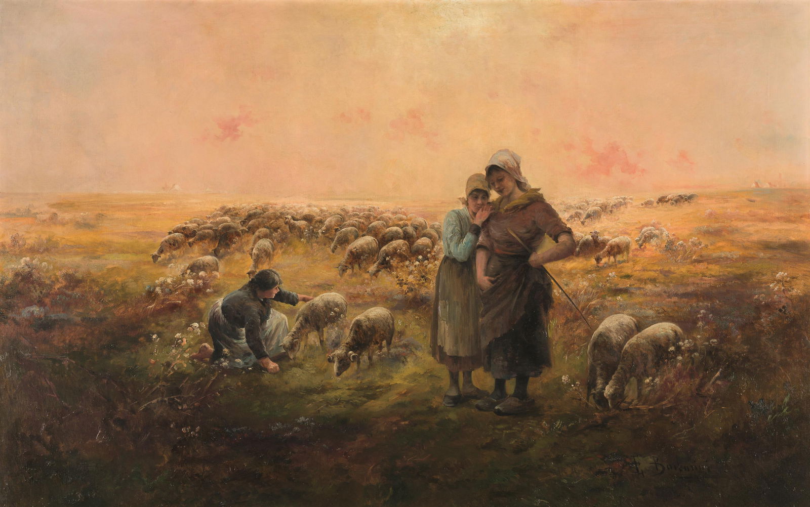 Emil Barbarini: Junge Schäferinnen mit ihrer Herde: Emil Barbarini Junge Schäferinnen mit ihrer Herde Öl auf Leinwand; gerahmt 82 x 129 cm Signiert rechts unten: E. Barbarini Privatsammlung, Österreich Emil Barbarini Young