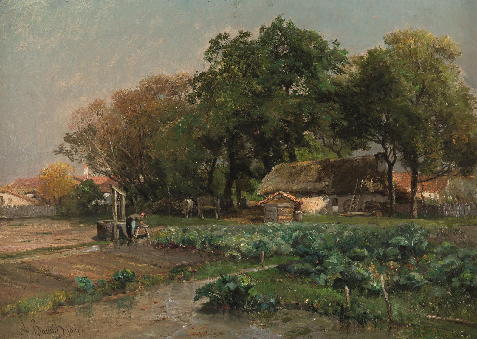 Amédée Baudit: Bauernhof mit Gemüsegarten in Arès (Gironde): Amédée Baudit Bauernhof mit Gemüsegarten in Arès (Gironde) 1887 Öl auf Leinwand; gerahmt 46 x 65 cm Signiert und datiert links unten: A Baudit 1887. Rückseitig