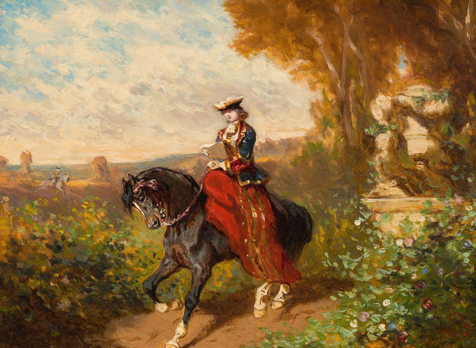 Alexander Ritter von Bensa: Elegante Dame zu Pferd: Alexander Ritter von Bensa Elegante Dame zu Pferd Öl auf Karton; gerahmt 15 x 19 cm Monogrammiert rechts unten: AB Rückseitig Wachssiegel Privatbesitz, Wien Alexander Ritter von Bensa