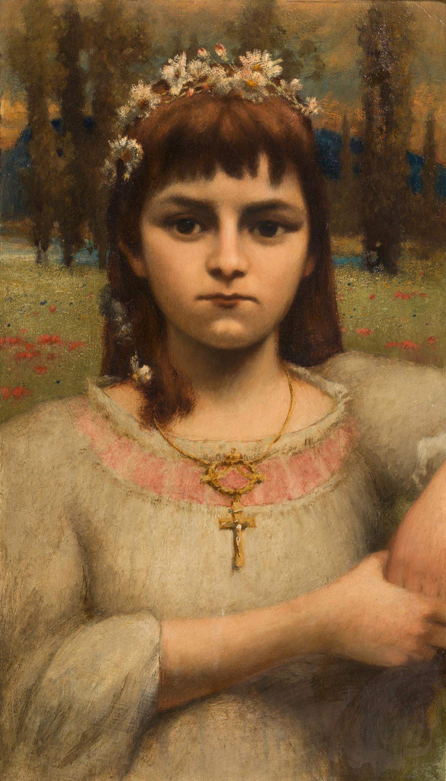 Arnold Boecklin Umkreis: Mädchen mit Blütenkranz: Arnold Boecklin Umkreis Mädchen mit Blütenkranz Öl auf Holz; gerahmt 63 x 36,5 cm Privatbesitz, Österreich Arnold Boecklin , circle of Girl with a Flower Chaplet on her Head