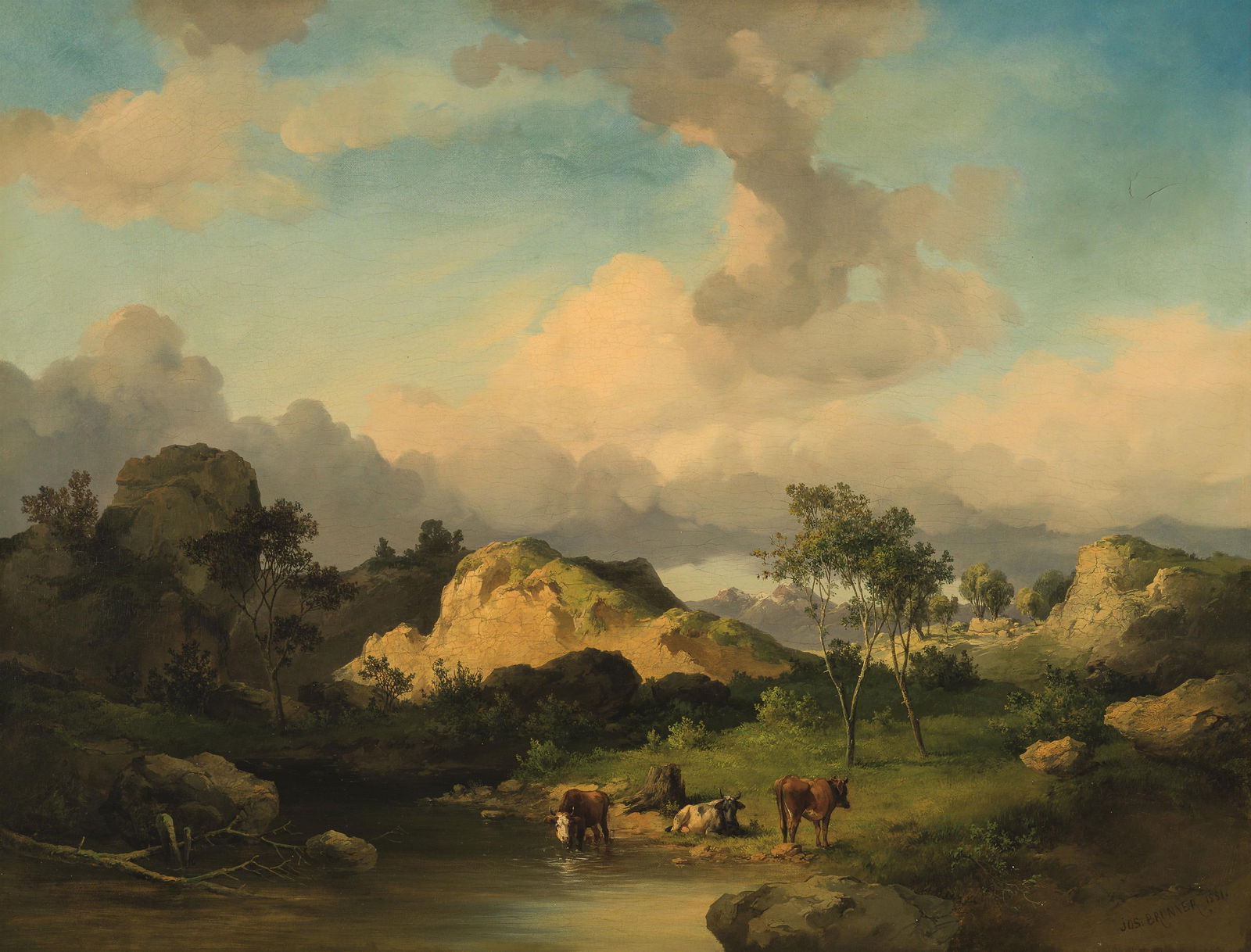 Josef Brunner: Weidende Kühe am Bergsee: Josef Brunner Weidende Kühe am Bergsee 1851 Öl auf Leinwand; gerahmt 68 x 88,5 cm Signiert und datiert rechts unten: Jos: Brunner 1851. Kunsthandel, München, 1981; Privatsammlung, Ö