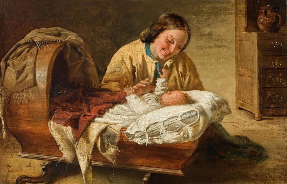 Hugh Collins: Mutterglück: Hugh Collins Mutterglück 1863 Öl auf Karton; gerahmt 29 x 45 cm Signiert und datiert rechts unten: H. Collins 1863 Privatbesitz, Österreich Hugh Collins Motherhood 1863 oil on