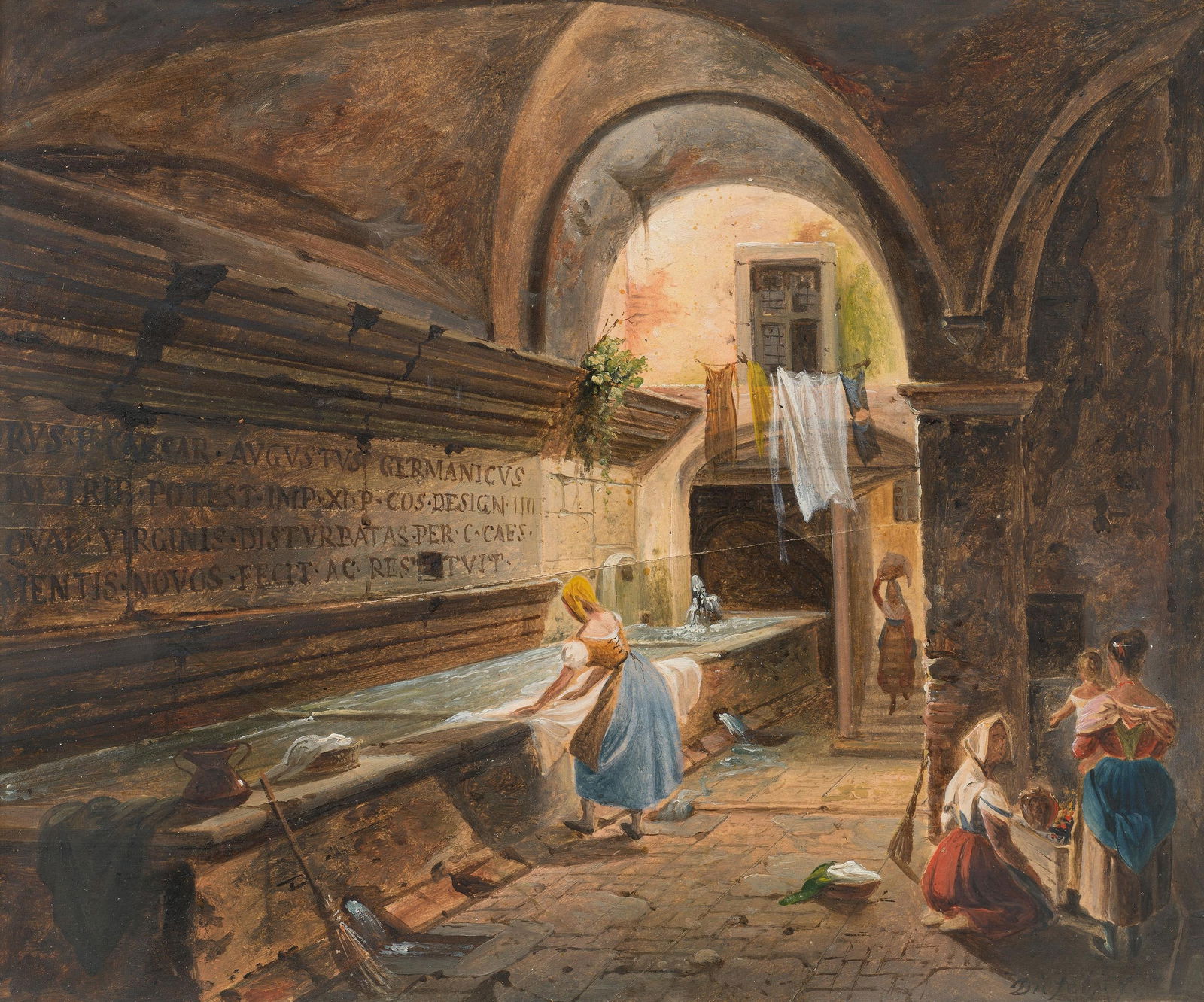 Francesco Diofebi: Wäscherinnen im Acqua Vergine-Aquädukt in Rom: Francesco Diofebi Wäscherinnen im Acqua Vergine-Aquädukt in Rom Aquarell auf Papier; gerahmt 20 x 24 cm (Passep.-Auschnitt) Signiert rechts unten: Diofebi. f. österreichischer