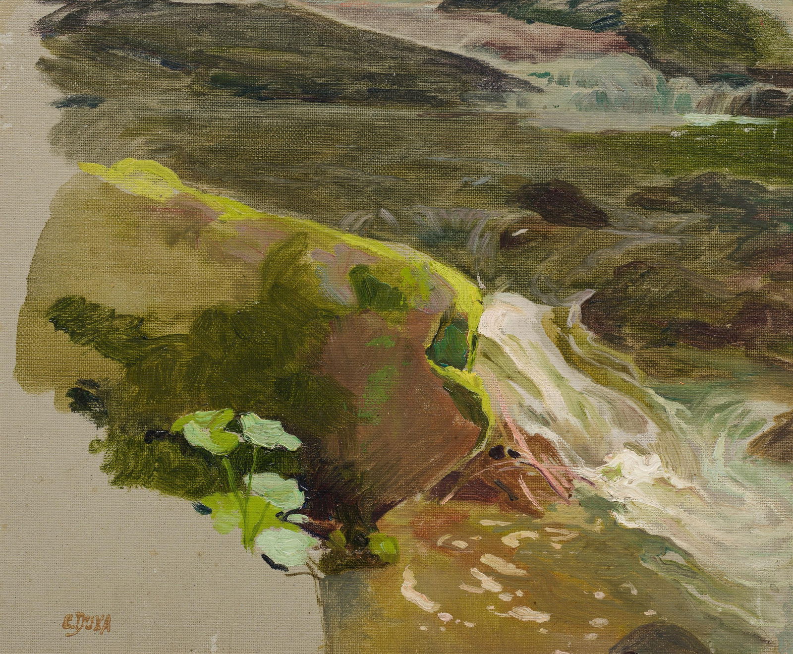 Carl Duxa: Bachlandschaft (Ölstudie): Carl Duxa Bachlandschaft (Ölstudie) Öl auf Leinwand; gerahmt 26 x 31 cm Signiert links unten: C. Duxa Rückseitig auf Leinwand Nachlass-Stempel: Nachlass / Carl Duxa aus dem Nachlass