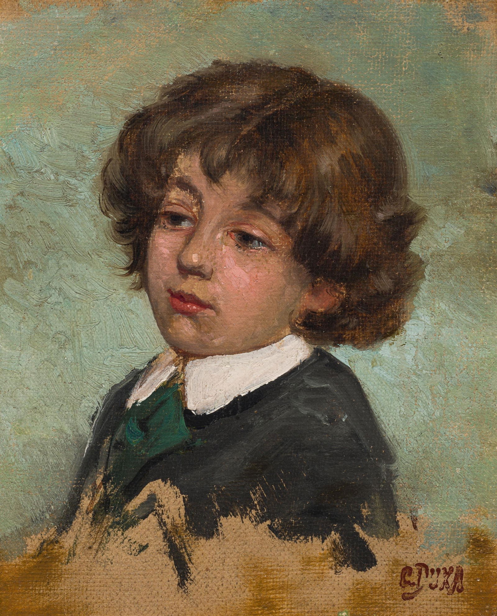 Carl Duxa: Bubenporträt (Ölstudie): Carl Duxa Bubenporträt (Ölstudie) Öl auf Leinwand; gerahmt 18,5 x 15 cm Signiert rechts unten: C. Duxa Rückseitig auf Leinwand Nachlass-Stempel: Nachlass / Carl Duxa aus dem