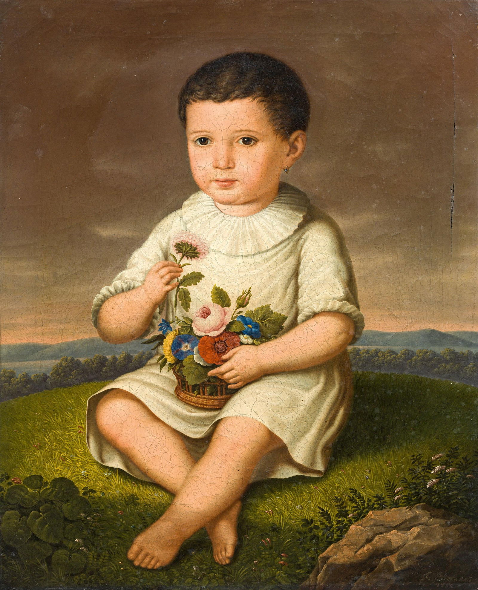 Johann Ludwig Ebeling zugeschrieben: Kinderbildnis: Johann Ludwig Ebeling zugeschrieben Kinderbildnis 1852 Öl auf Leinwand; gerahmt 69 x 55,5 cm Undeutlich signiert und datiert rechts unten: J: Ebeling (?) / 1852 Privatsammlung, Österreich Jo