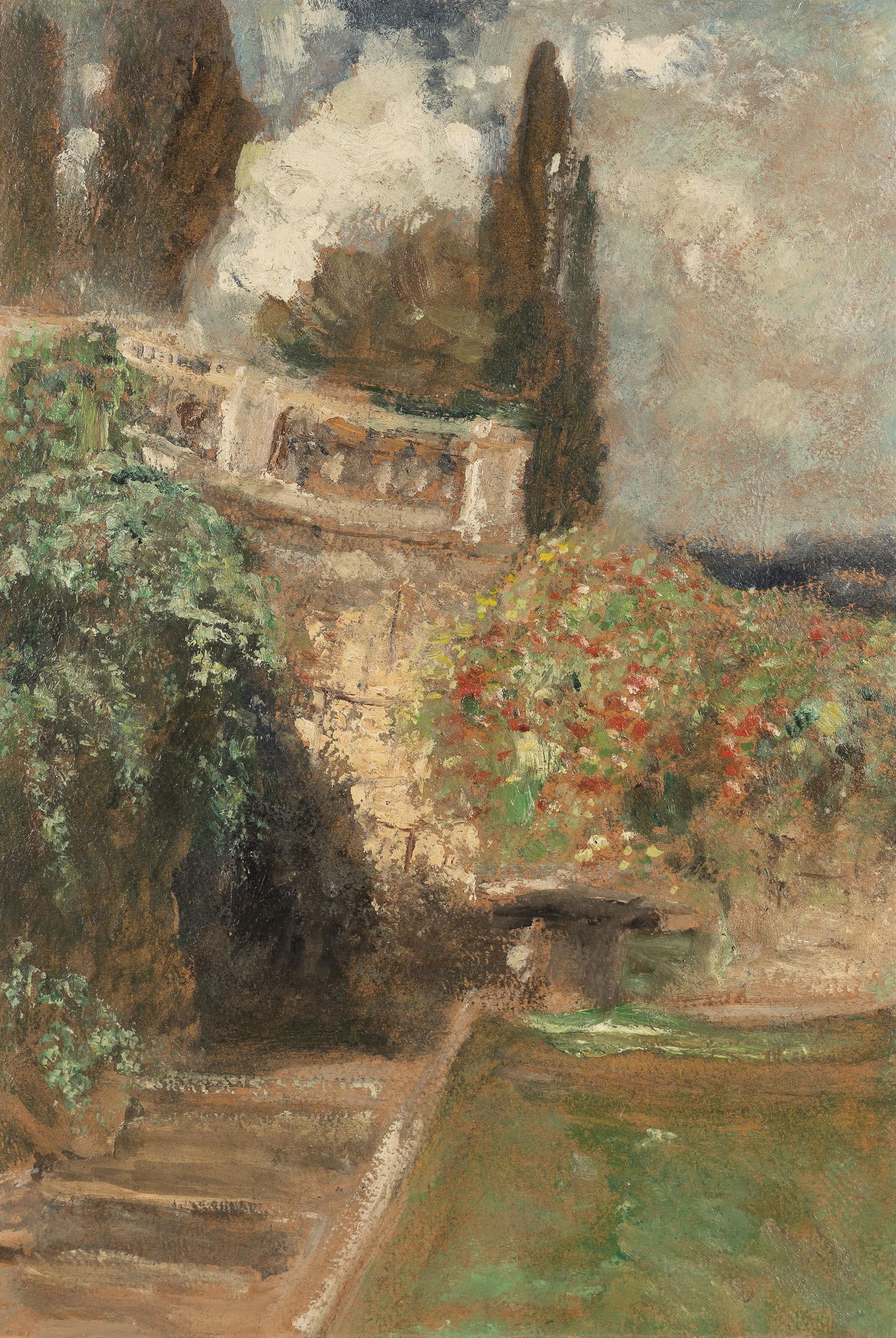 Marie Egner: Park in Cannes: Marie Egner Park in Cannes 1914 Öl auf Karton; gerahmt 36 x 25 cm Rückseitig beschriftet: aus dem Nachlass / Prof. Marie Egner / G. Schmidt sowie Stempel VBKÖ (Vereinigung bildender