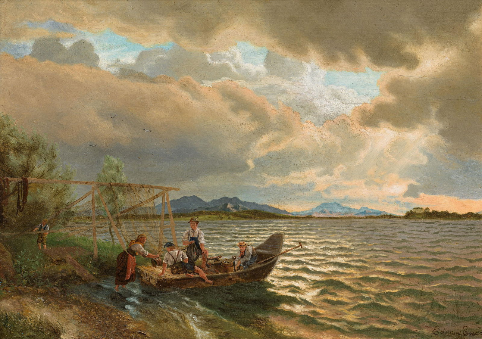 Eduard Ender: Fischerboot am Ufer des Chiemsees: Eduard Ender Fischerboot am Ufer des Chiemsees 1878 Öl auf Holz; gerahmt 31,5 x 45 cm Signiert und datiert rechts unten: Eduard Ender / 1878 österreichischer Privatbesitz Eduard Ender