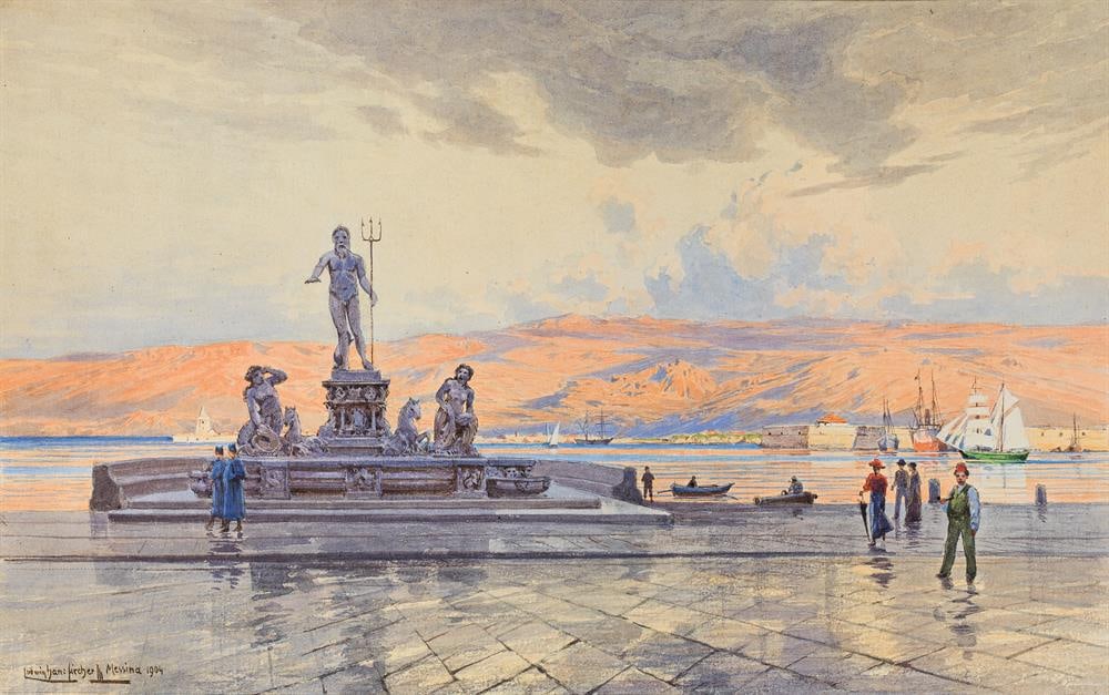 Ludwig Hans Fischer: Uferpromenade von Messina mit dem Neptunbrunnen: Ludwig Hans Fischer Uferpromenade von Messina mit dem Neptunbrunnen 1904 Aquarell auf Papier; ungerahmt 25 x 38,5 cm Signiert, bezeichnet und datiert links unten: Ludwig Hans Fischer Messina 1904