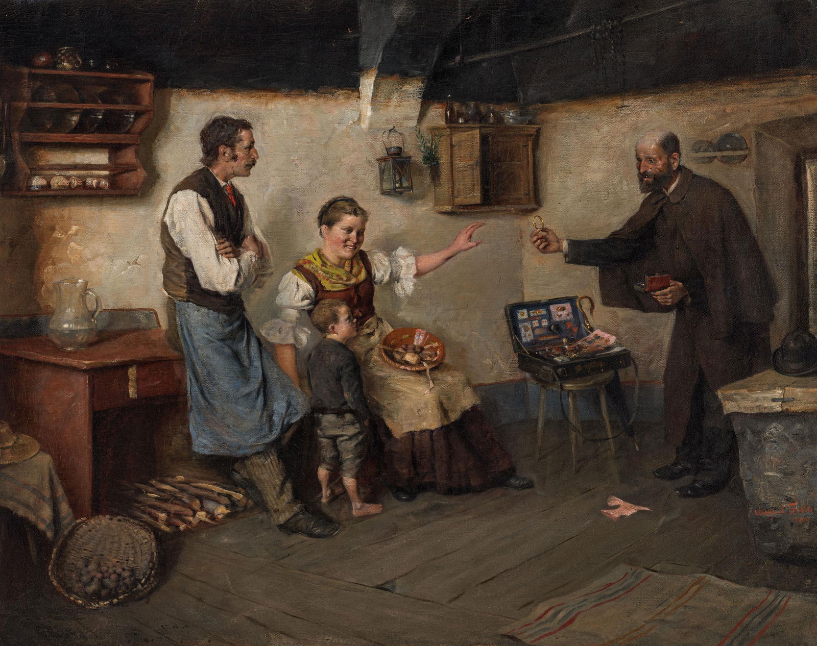 August Frech: Der Schmuckhändler in der Bauernstube: August Frech Der Schmuckhändler in der Bauernstube 1900 Öl auf Leinwand; gerahmt 80,5 x 100 cm Signiert und datiert am rechten Rand unten: August Frech / 1900 Rückseitig