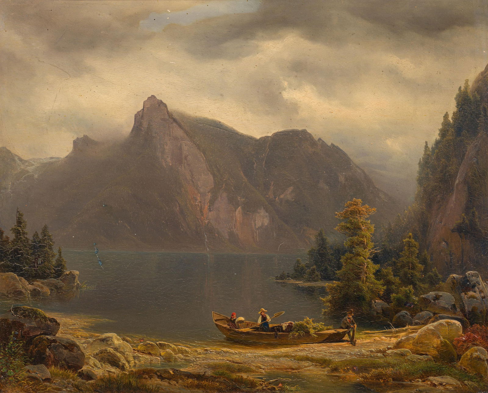 Melchior Fritsch: Traunsee mit dem Spitzelstein: Melchior Fritsch Traunsee mit dem Spitzelstein Öl auf Holz; gerahmt 44 x 55,5 cm Signiert links unten am Stein: M Fritsch; rückseitig auf Etikett bezeichnet: Der Spitzelstein / und Gmundner
