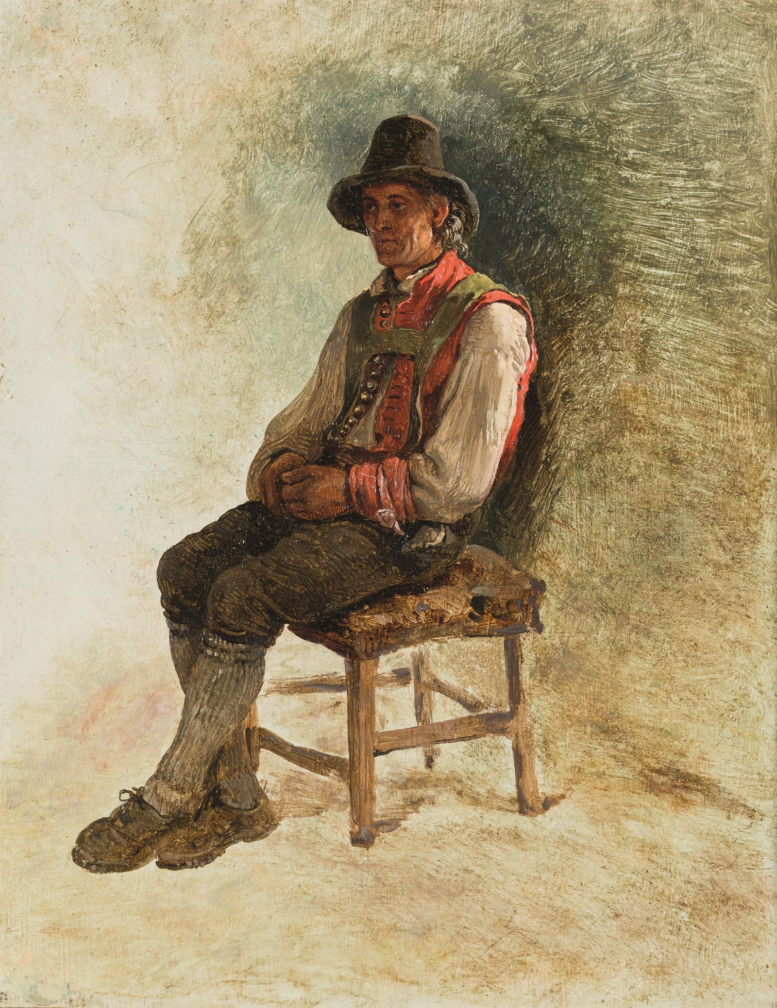 Friedrich Gauermann: Sitzender Bauer in Tracht: Friedrich Gauermann Sitzender Bauer in Tracht Öl auf Papier auf Leinwand; gerahmt 27 x 21 cm Privatbesitz, Österreich Vergleiche: Rupert Feuchtmüller, Friedrich Gauermann. 1807-1862,