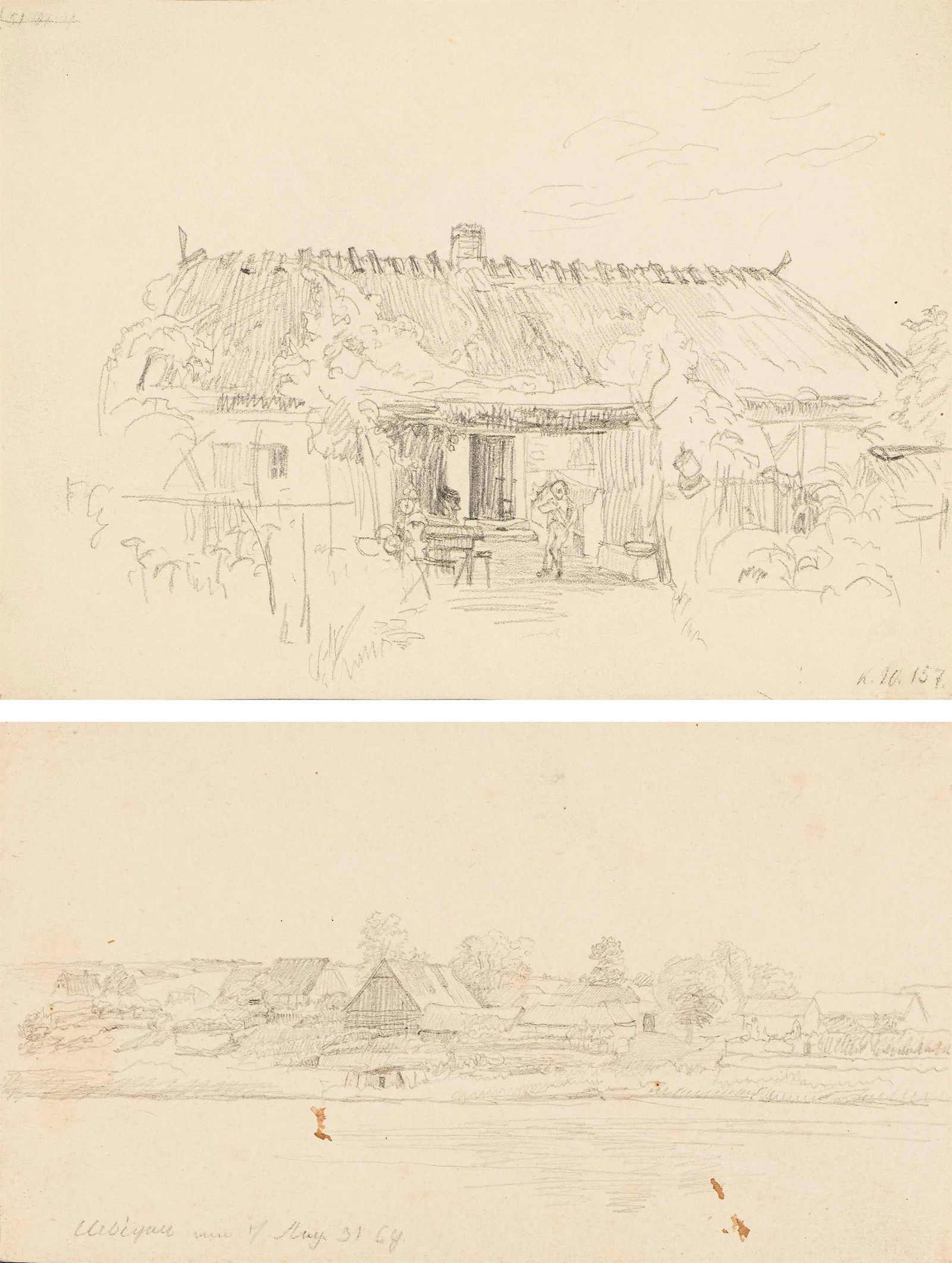 Christian Friedrich Gille: Dorflandschaft (Uebigau); Strohgedecktes Haus (Konvolut 2 Skizzen): Christian Friedrich Gille Dorflandschaft; Strohgedecktes Haus (Konvolut 2 Skizzen) 1831 Bleistift auf Papier; ungerahmt 8,5 x 14,5 cm und 13,5 x 18,3 cm Ein Blatt monogrammiert, bezeichnet und datiert