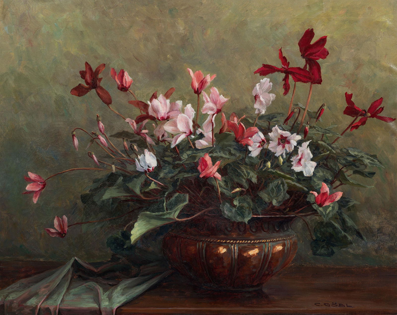 Camilla Göbl-Wahl: Zyklamen: Camilla Göbl-Wahl Zyklamen Öl auf Leinwand; gerahmt 59 x 73,5 cm Signiert rechts unten: C. Göbl Privatsammlung, Österreich Camilla Göbl-Wahl Cyclamen oil on canvas; framed