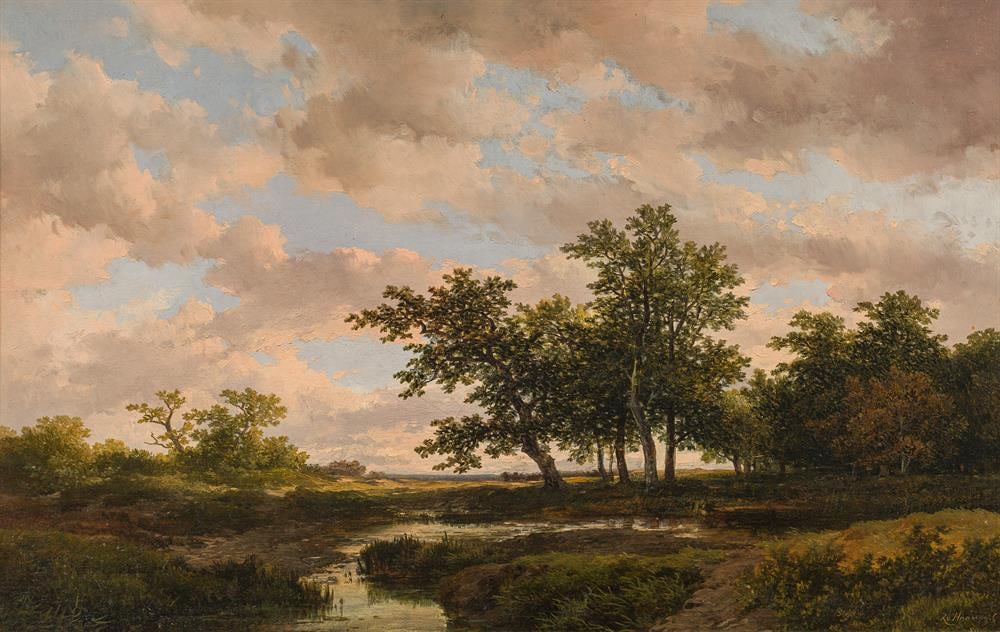 Remigius A. van Haanen: Landschaft mit Fluss: Remigius A. van Haanen Landschaft mit Fluss 1859 Öl auf Leinwand; gerahmt 39 x 60 cm Signiert und datiert rechts unten: RvHaanen / (18)59 Privatsammlung, Wien Remigius A. van Haanen Landscape wit