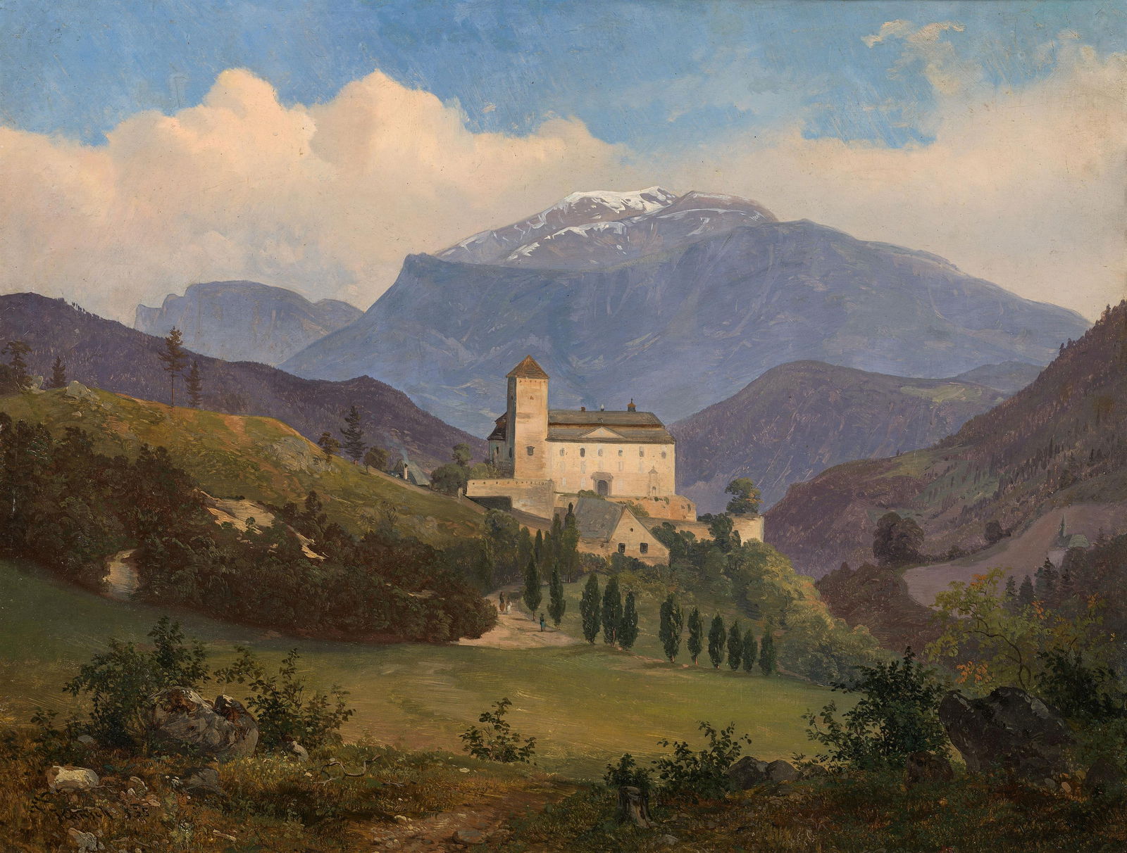 Anton Hansch: Blick auf die Burg Kranichberg bei Gloggnitz: Anton Hansch Blick auf die Burg Kranichberg bei Gloggnitz um 1853 Öl auf Karton; gerahmt 37 x 49 cm Signiert und undeutlich datiert links unten: Hansch (1)853 (?); rückseitig betitelt