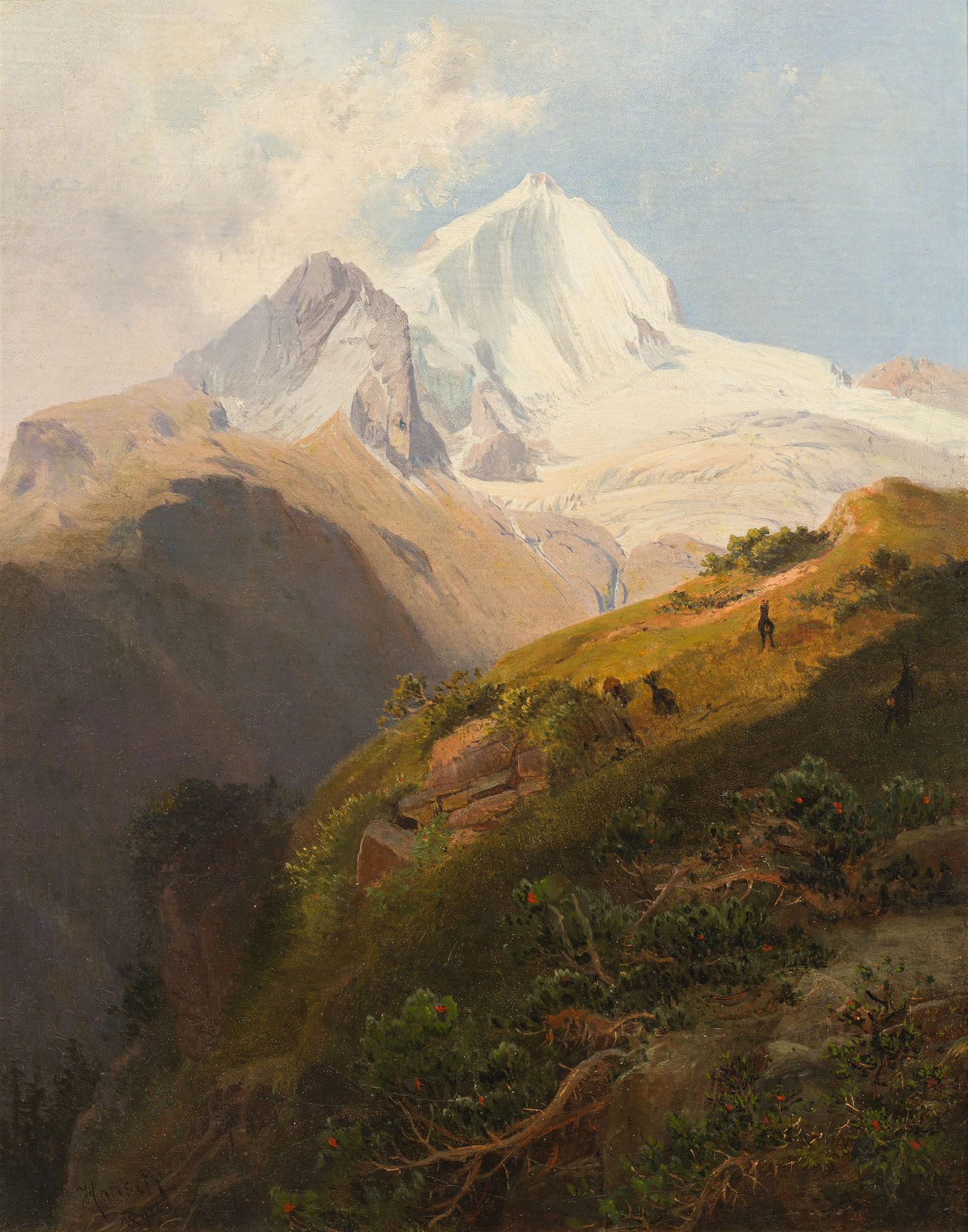 Anton Hansch: Gämsen im Großglocknergebiet: Anton Hansch Gämsen im Großglocknergebiet 1844 Öl auf Leinwand auf Karton; gerahmt 60,5 x 48 cm Signiert und datiert links unten: Hansch / 1844 österreichischer Privatbesitz Anton