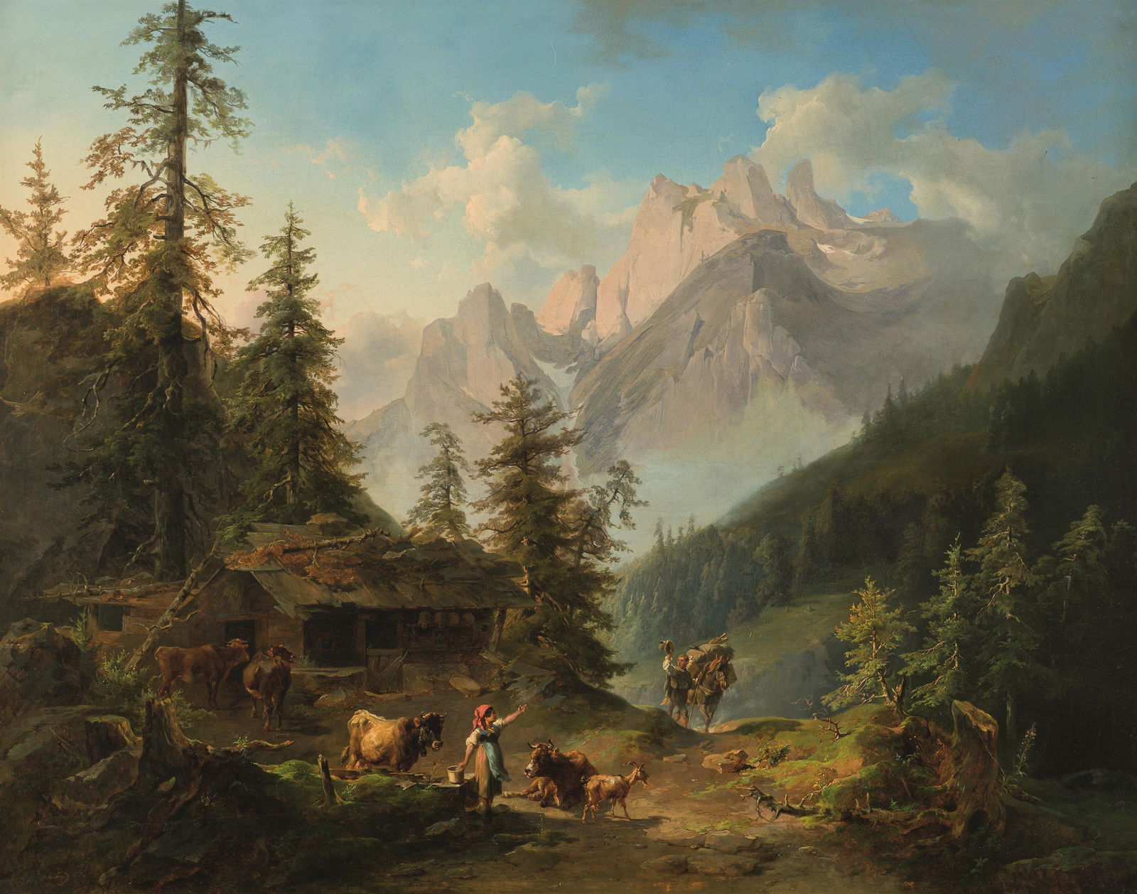 Joseph Heicke: Sennhütte auf der Alm: Joseph Heicke Sennhütte auf der Alm 1852 Öl auf Leinwand; gerahmt 73,5 x 95 cm Signiert und datiert links unten: Josef Heicke (1)852 Dorotheum Wien, 7.5.1923, Nr. 67 (SW-Abb.); Privatsammlun