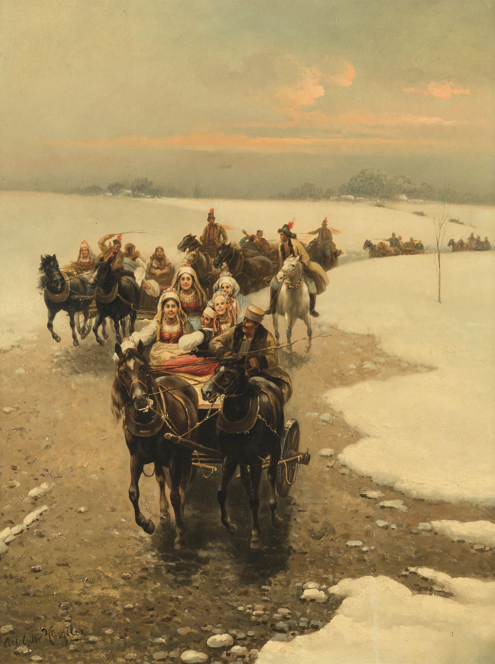 Adolf Hengeler: Polnischer Hochzeitszug mit Pferdekutschen: Adolf Hengeler Polnischer Hochzeitszug mit Pferdekutschen Öl auf Holz; gerahmt 65 x 49,5 cm Signiert links unten: Adolph Hengeler Dorotheum Wien, 22.6.1976, Nr. 57 (Farbabb.); Privatsammlung,