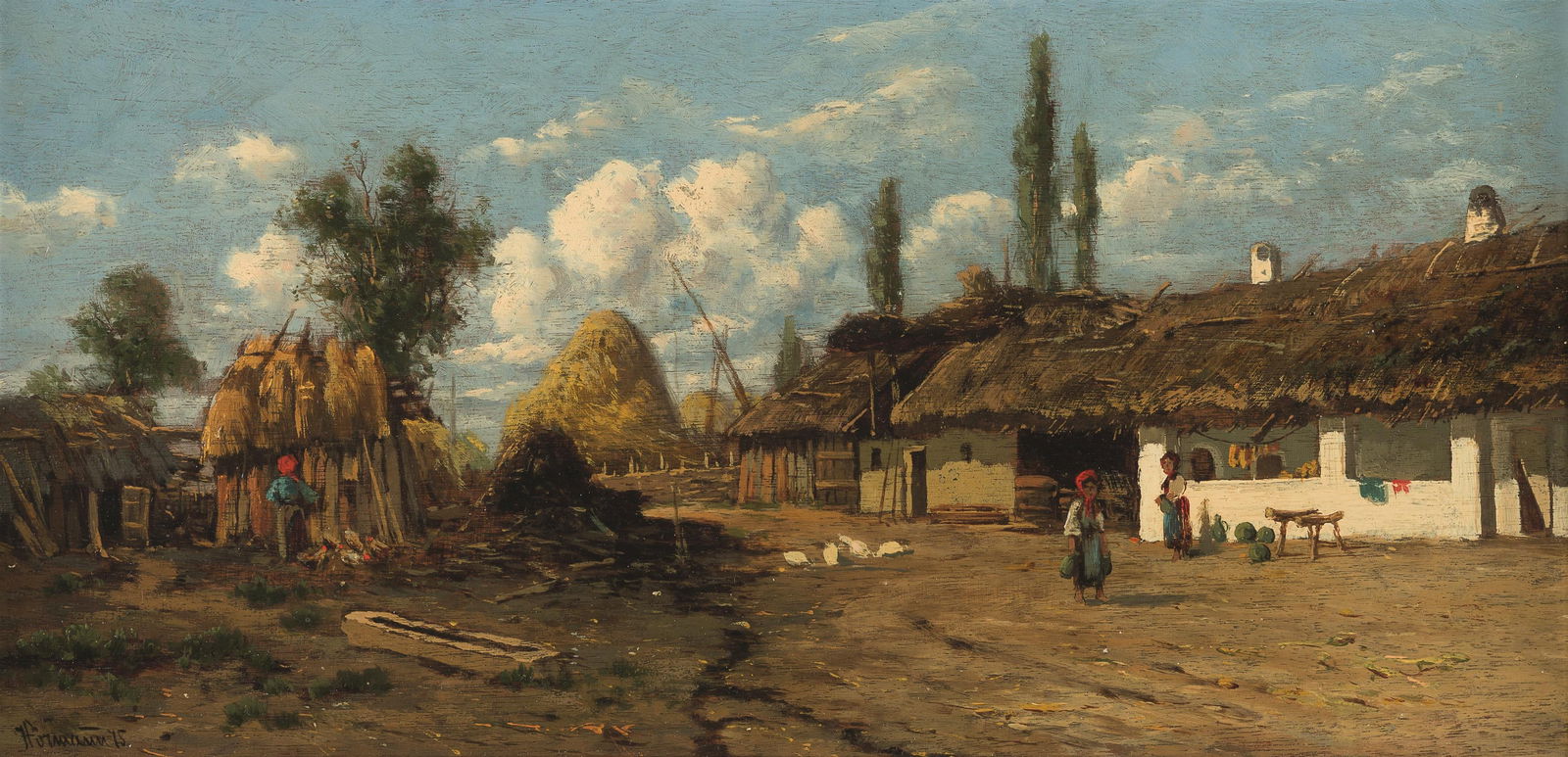 Theodor von Hörmann: Ungarisches Bauernhaus in Siófok am Plattensee: Theodor von Hörmann Ungarisches Bauernhaus in Siófok am Plattensee 1875 Öl auf Holz; gerahmt 18 x 36,5 cm Signiert und datiert links unten: Hörmann (18)75 Rückseitig