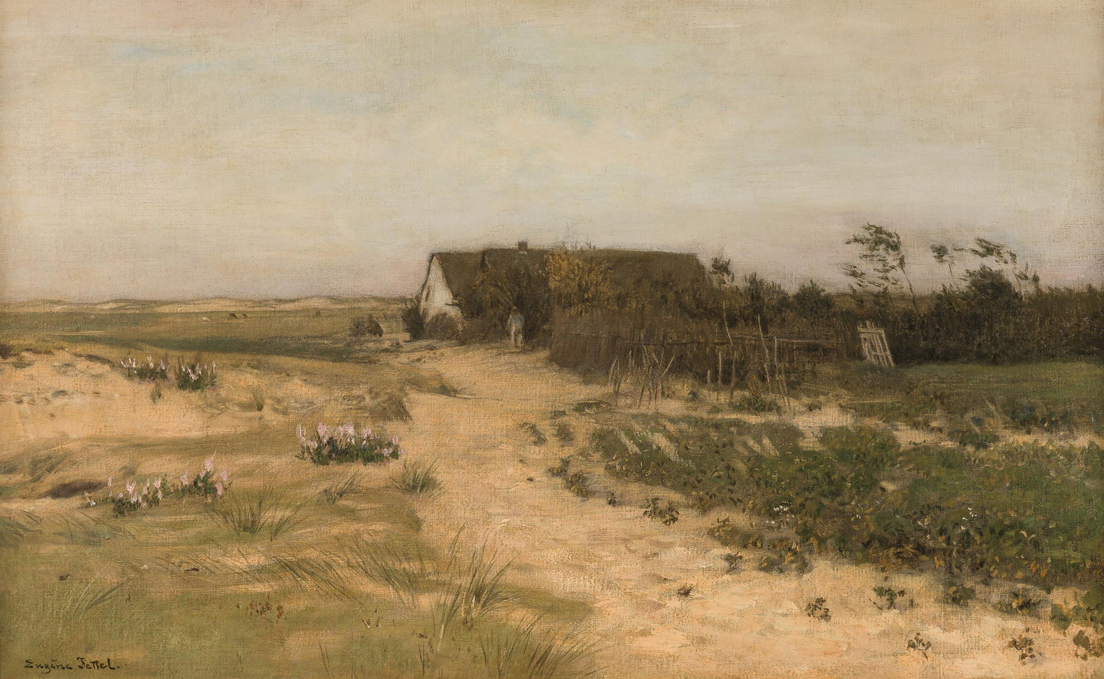 Eugen Jettel: Nordfranzösische Landschaft mit Bauerngehöft in den Dünen: Eugen Jettel Nordfranzösische Landschaft mit Bauerngehöft in den Dünen um 1890 Öl auf Leinwand; gerahmt 42 x 67 cm Signiert links unten: Eugène Jettel. Rückseitig