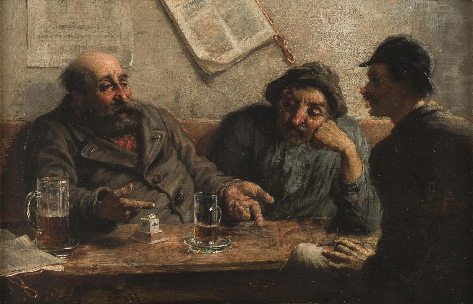 Hermann Armin Kern: Am Stammtisch: Hermann Armin Kern Am Stammtisch Öl auf Holz; gerahmt 16,5 x 25,5 cm Signiert links unten: Kern H. Dorotheum Wien, 4.12.1986, Nr. 752, Tafel 138 (SW-Abb.); Privatsammlung, Österreich 