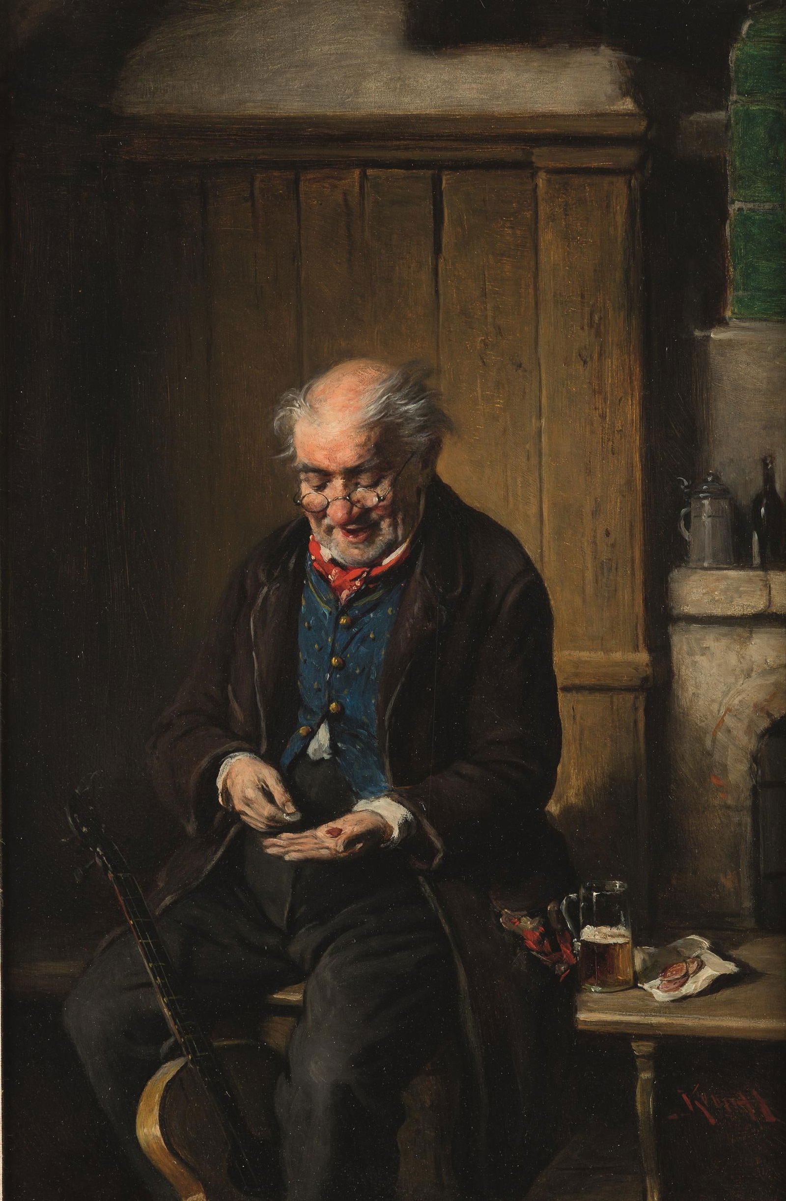 Hermann Armin Kern: Der letzte Groschen: Hermann Armin Kern Der letzte Groschen Öl auf Holz; gerahmt 47,5 x 32 cm Signiert rechts unten: Kern H Rückseitig bezeichnet: La réproduction est défendue / K.H. Rückseitig