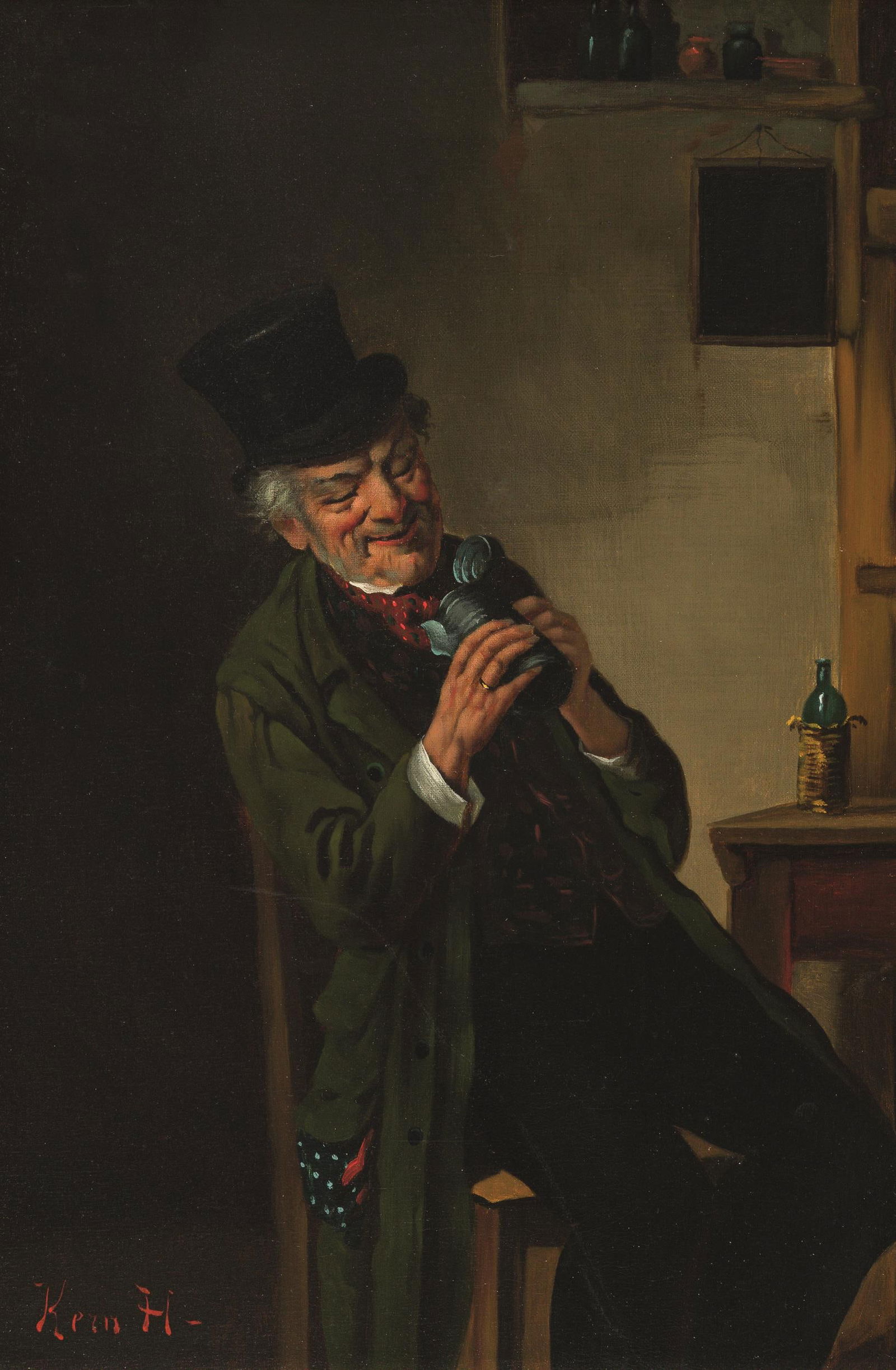 Hermann Armin Kern: Ein guter Tropfen: Hermann Armin Kern Ein guter Tropfen Öl auf Leinwand; gerahmt 46 x 31 cm Signiert links unten: Kern H. Dorotheum Wien, 15.3.1989, Nr. 445, Tafel 206 (SW-Abb.); Privatsammlung, Österreich 