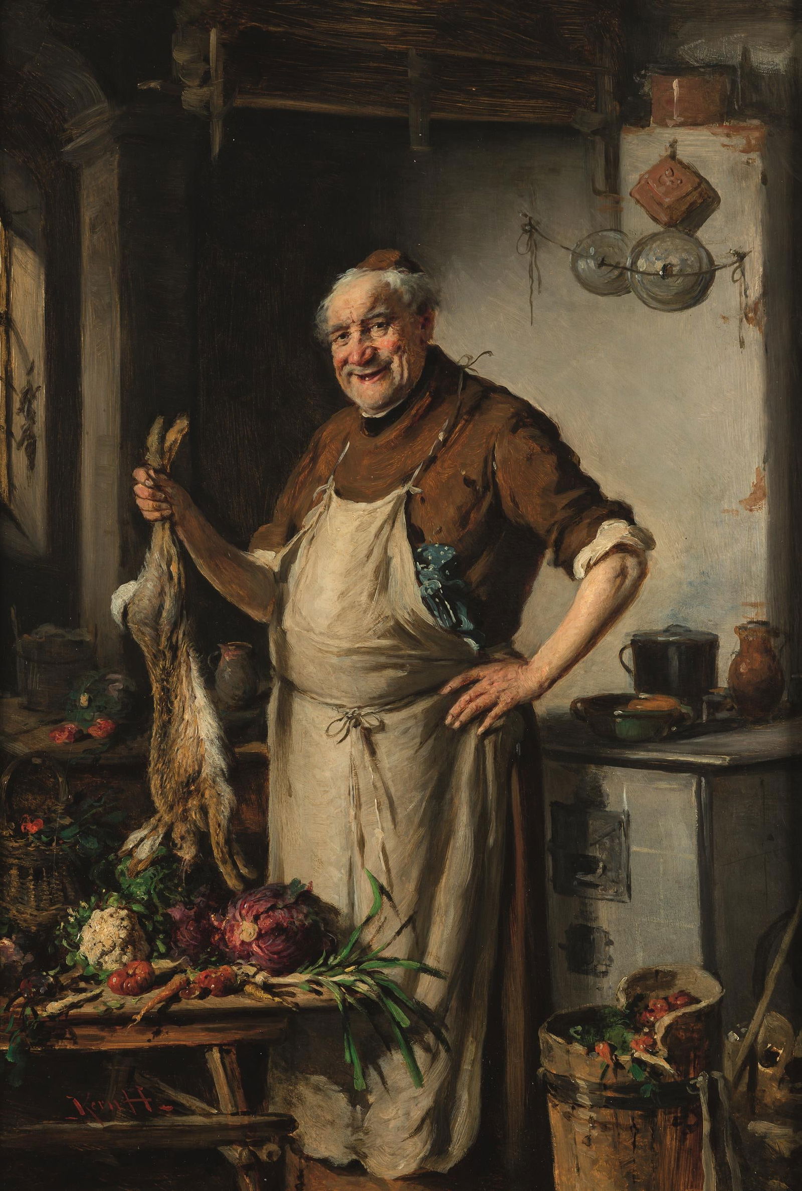 Hermann Armin Kern: Pater Küchenmeister: Hermann Armin Kern Pater Küchenmeister Öl auf Holz; gerahmt 69 x 46 cm Signiert links unten: Kern H.; Rückseitig auf Etikett betitelt: Pater Küchenmeister; Rückseitig