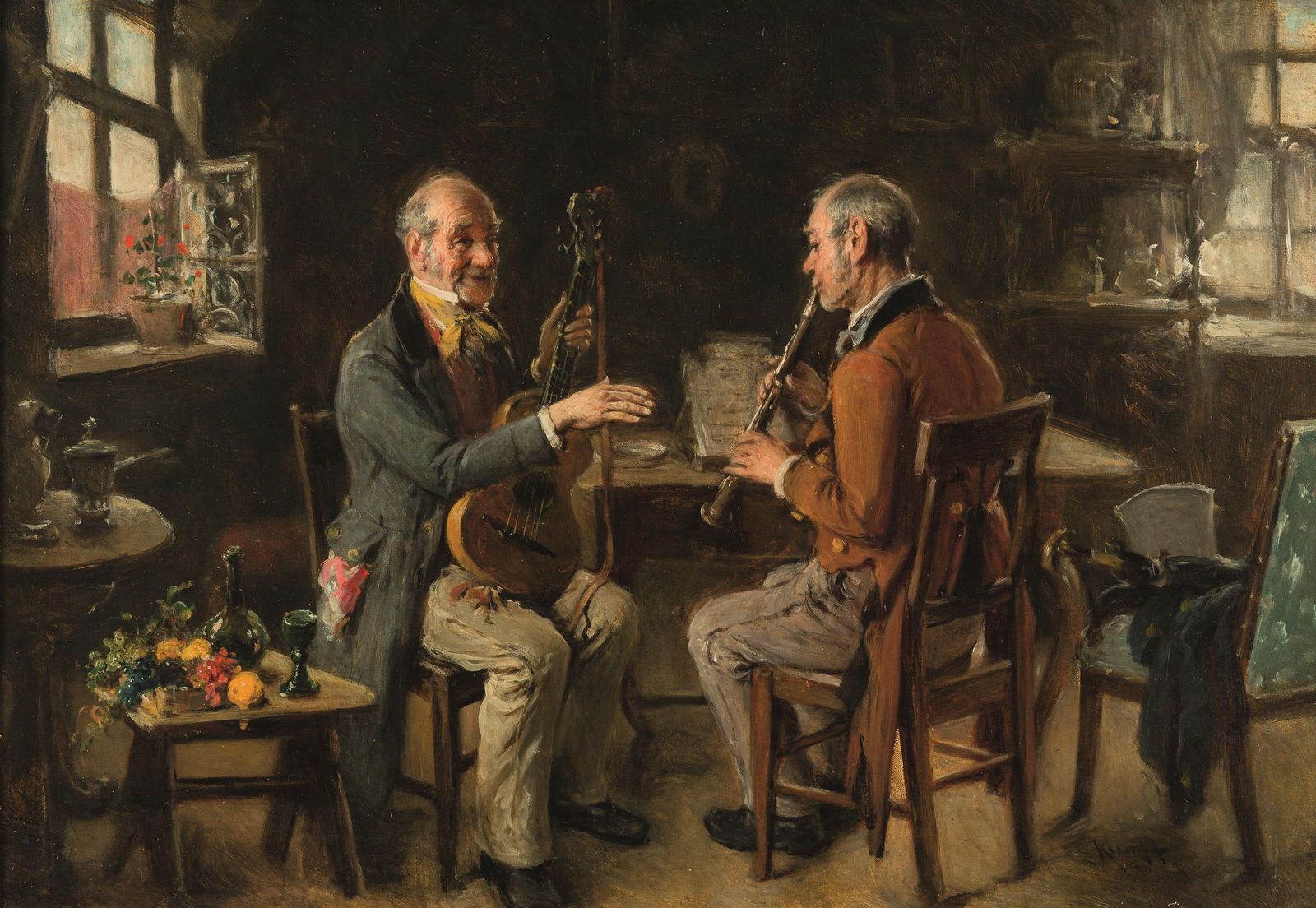 Hermann Armin Kern: Zwei Musikanten in der Stube: Hermann Armin Kern Zwei Musikanten in der Stube Öl auf Leinwand; gerahmt 47 x 68,5 cm Signiert rechts unten: Kern H. Dorotheum Wien, 4.12.1986, Nr. 754, Tafel XXXIX (Farbabb.); Privatsammlung,