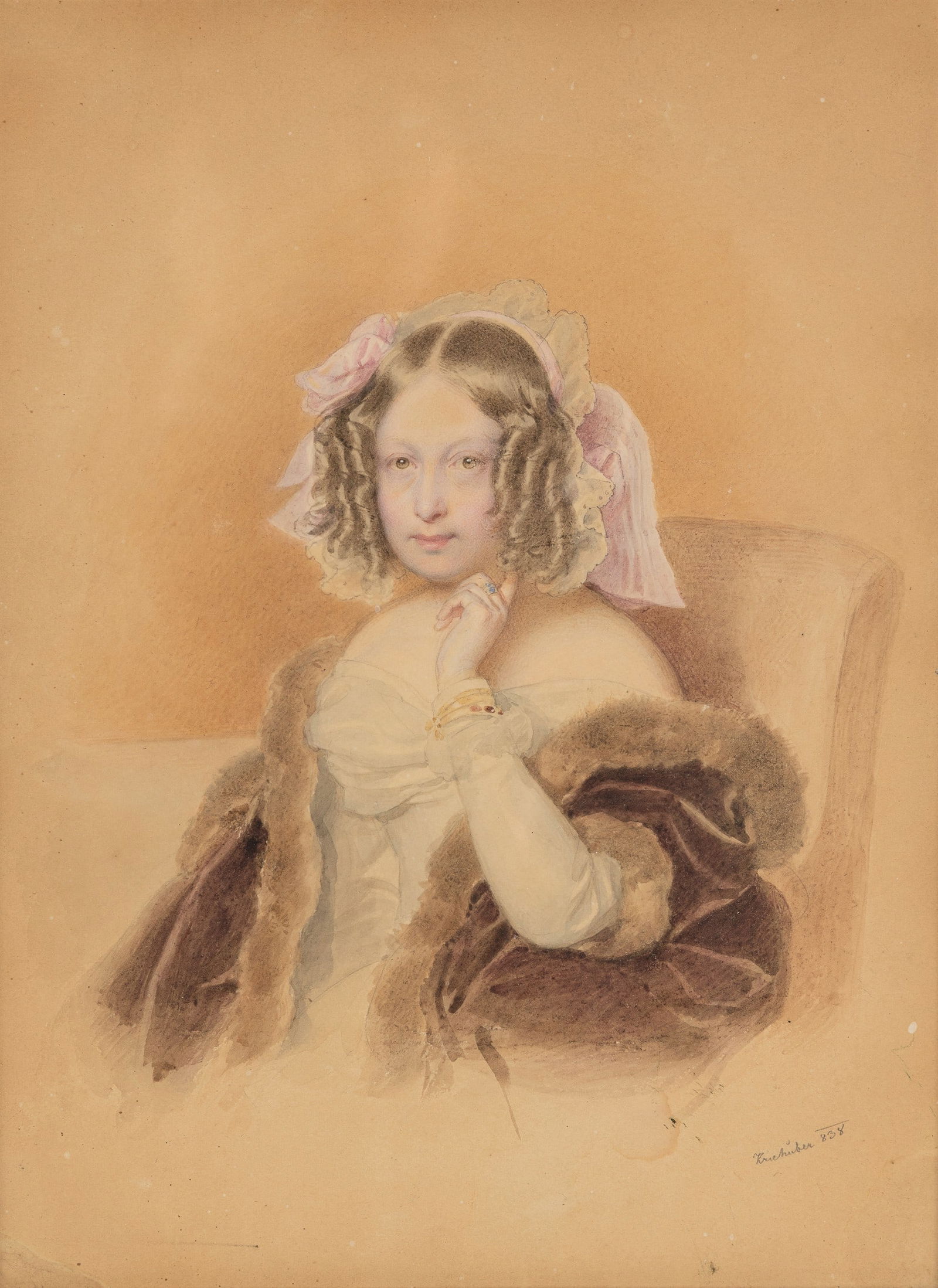 Josef Kriehuber: Bildnis einer jungen Dame: Josef Kriehuber Bildnis einer jungen Dame 1838 Aquarell auf Papier; gerahmt 24 x 18 cm Signiert und datiert rechts unten: Kriehuber (1)838 Privatbesitz, Österreich Josef Kriehuber Portrait of