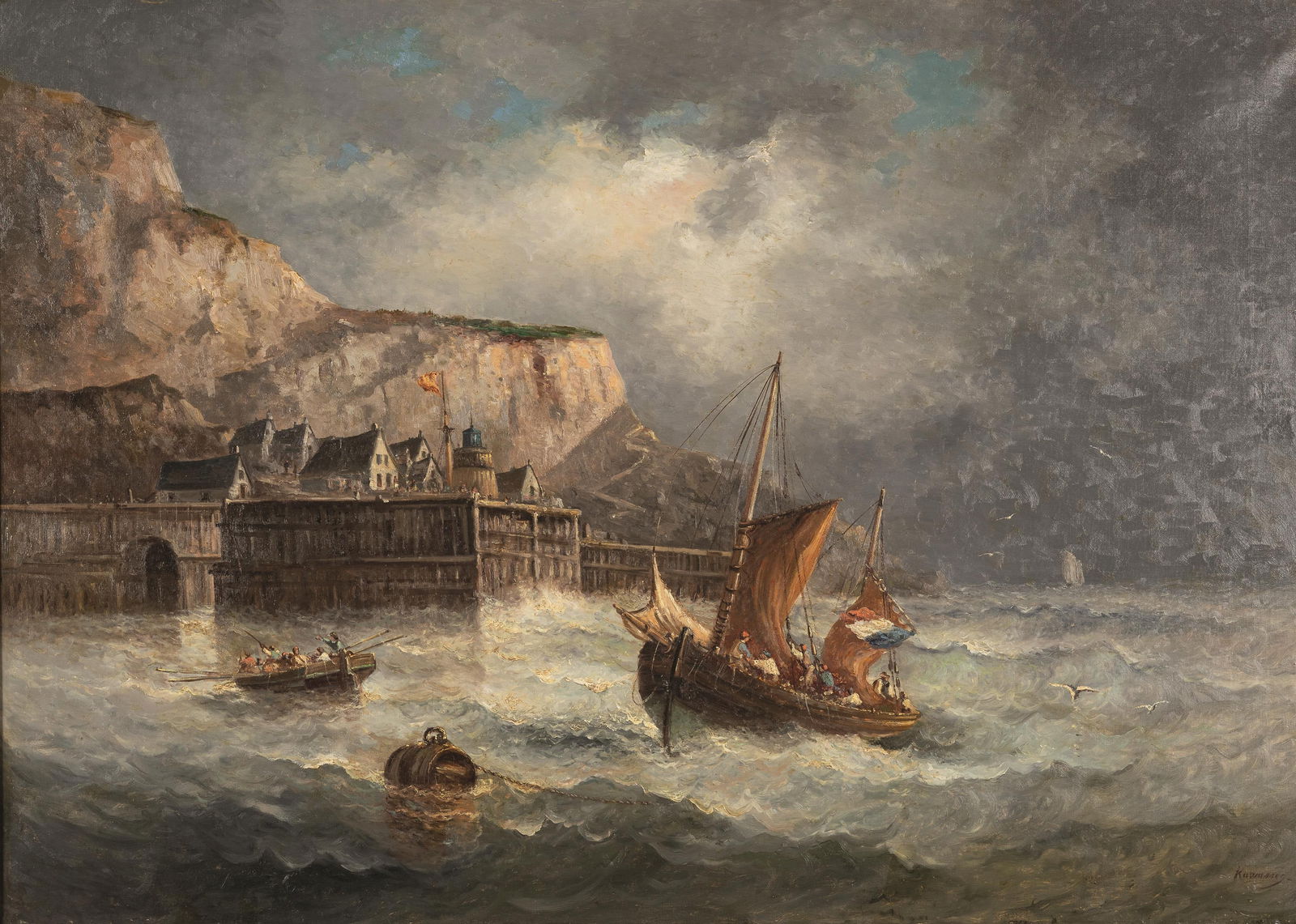 Charles Euphrasie Kuwasseg: Fischerboote in stürmischer See an der französischen Küst: Charles Euphrasie Kuwasseg Fischerboote in stürmischer See an der französischen Küste Öl auf Leinwand; gerahmt Signiert rechts unten: Kuwasseg Privatbesitz, Österreich 