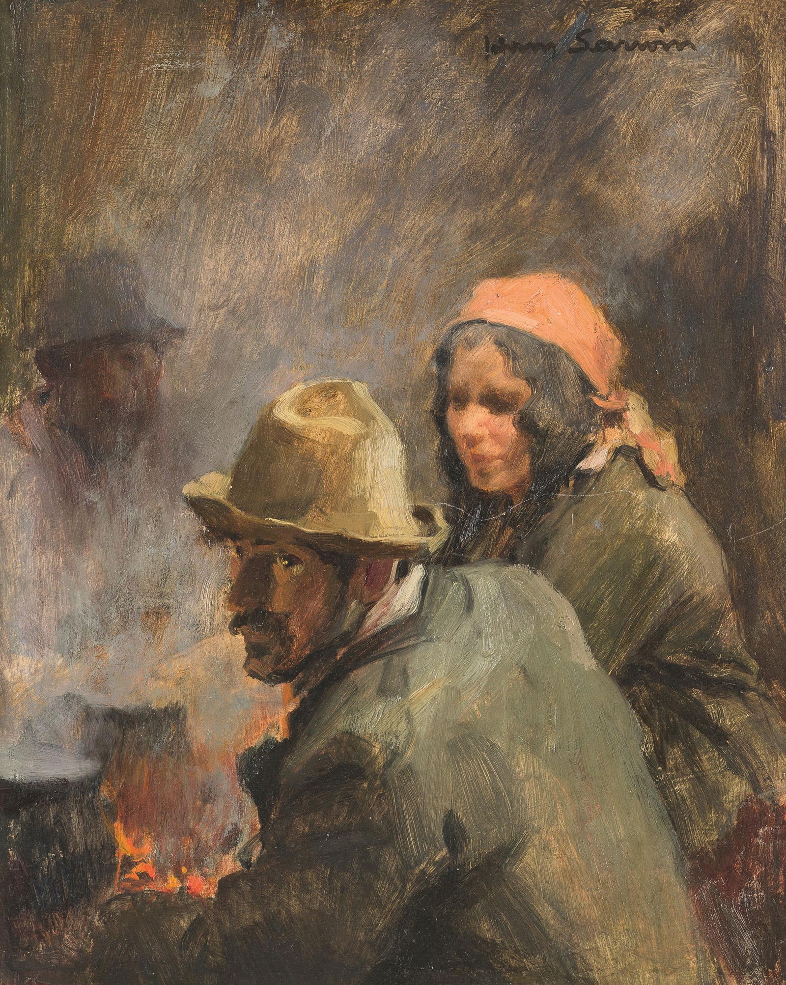 Hans Larwin: Am Lagerfeuer: Hans Larwin Am Lagerfeuer Öl auf Karton; gerahmt 40 x 32,5 cm Signiert rechts oben: Hans Larwin Privatsammlung, Österreich Hans Larwin By the Campfire oil on cardboard; framed 40 x