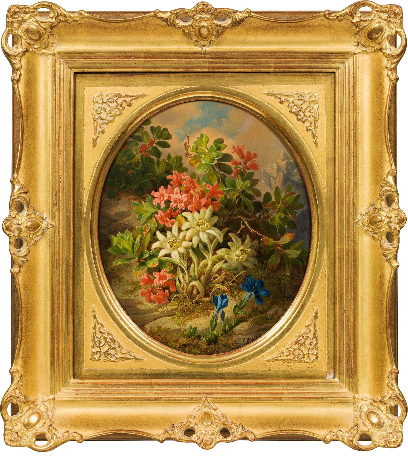 Josef Lauer: Edelweiß, Alpenrosen und Enzian: Josef Lauer Edelweiß, Alpenrosen und Enzian Öl auf Karton; gerahmt 31 x 26 cm (oval) Signiert rechts unten: Jos: Lauer Auktionshaus im Kinsky, Wien, 9.4.2019, Nr. 127; Privatbesitz,