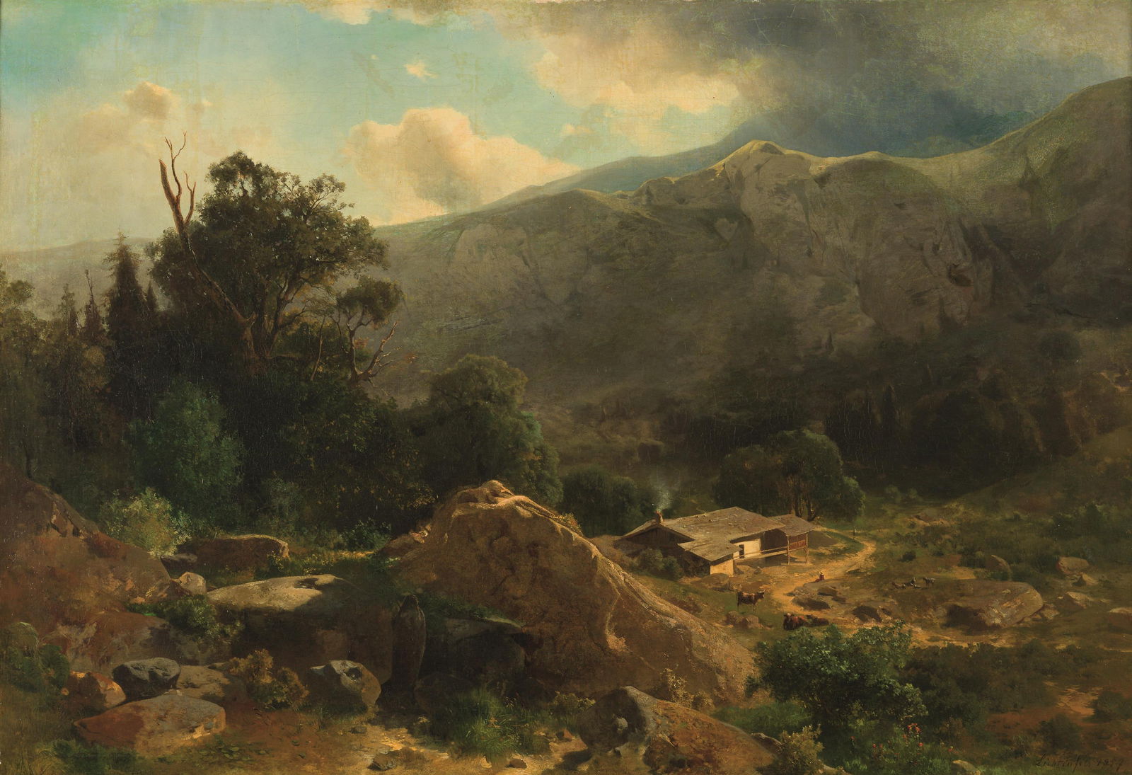 E. P. Ritter v. Lichtenfels: Gebirgslandschaft mit Bauernhof: E. P. Ritter v. Lichtenfels Gebirgslandschaft mit Bauernhof 1857 Öl auf Leinwand; gerahmt 79 x 115 cm Signiert und datiert rechts unten: Lichtenfels 1857 Dorotheum Wien, 14.6.1966, Nr. 65, Tafel