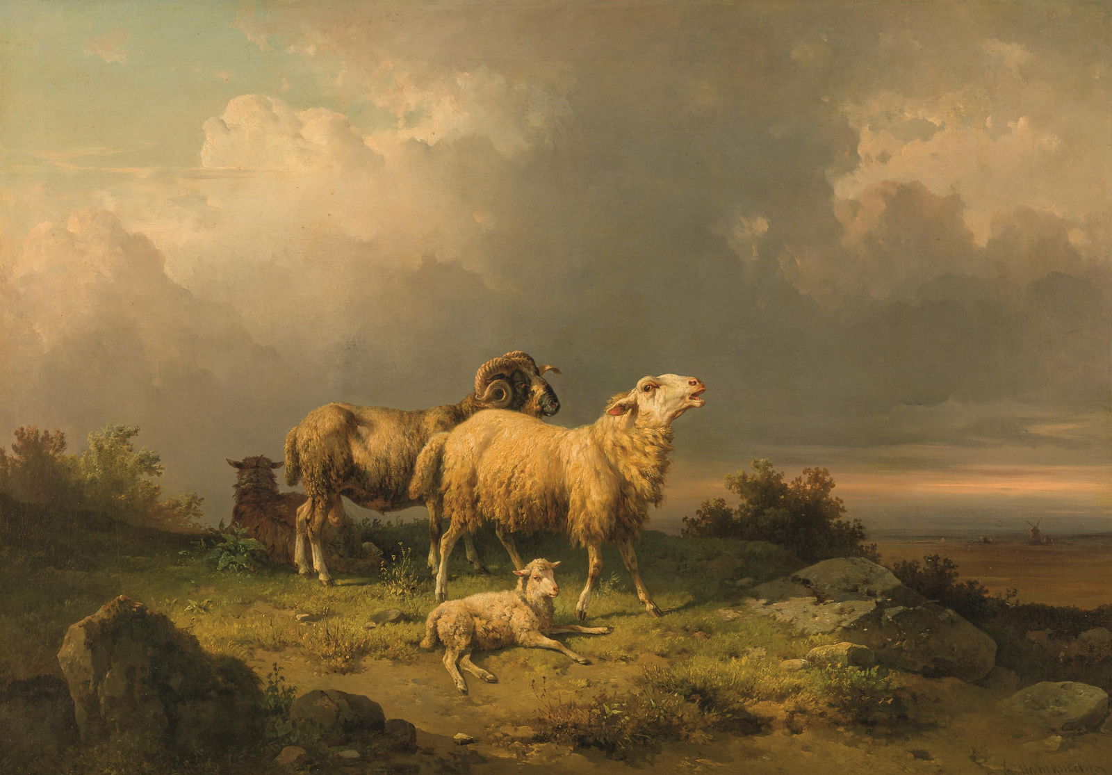 Edmund Mahlknecht: Landschaft mit vier Schafen: Edmund Mahlknecht Landschaft mit vier Schafen Öl auf Leinwand; gerahmt 66 x 94 cm Signiert rechts unten: E Mahlknecht Rückseitig Etikett der Galerie Zinckgraf, München, Nr. 20857 