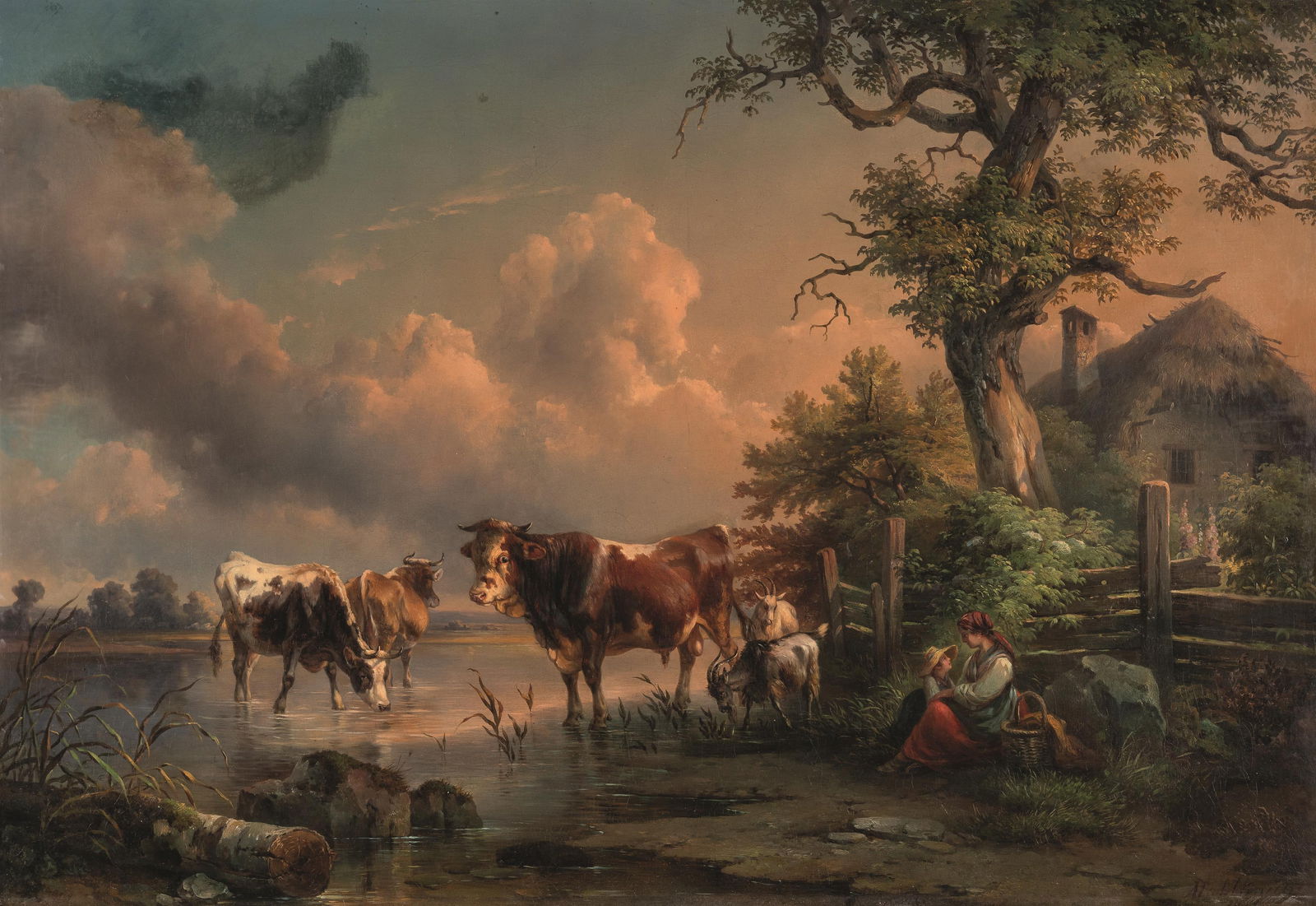 Edmund Mahlknecht: Rinder und Ziegen am Wasser: Edmund Mahlknecht Rinder und Ziegen am Wasser 1857 Öl auf Leinwand; gerahmt 67,5 x 97,5 cm Signiert und datiert rechts unten: Mahlknecht / 1857 Dorotheum Wien, 10.9.1959, Nr. 72, Tafel 43