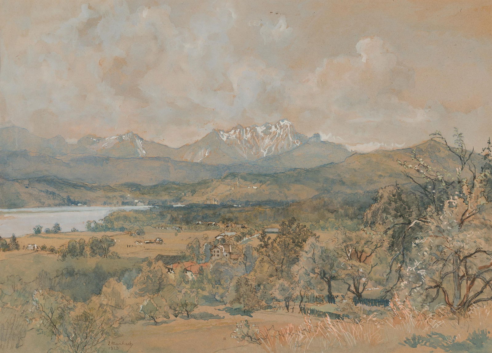Eduard Manhart: Wörthersee mit Blick nach Westen: Eduard Manhart Wörthersee mit Blick nach Westen 1923 Aquarell auf Papier; gerahmt 30 x 41,5 cm (Passep.-Ausschnitt) Signiert und datiert links unten: E. Manhart / 1923 Privatbesitz, Wien 