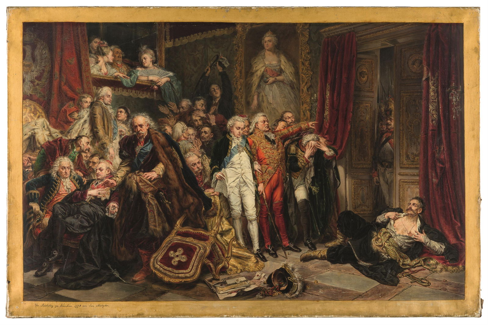 nach Jan Matejko : Rejtan, oder der Fall Polens (Der Reichstag zu Warschau 1773): nach Jan Matejko Rejtan, oder der Fall Polens (Der Reichstag zu Warschau 1773) Öl auf Leinwand; gerahmt 70,5 x 108 cm Bezeichnet links unten: Der Reichstag zu Warschau 1773 von Jan Matejko.