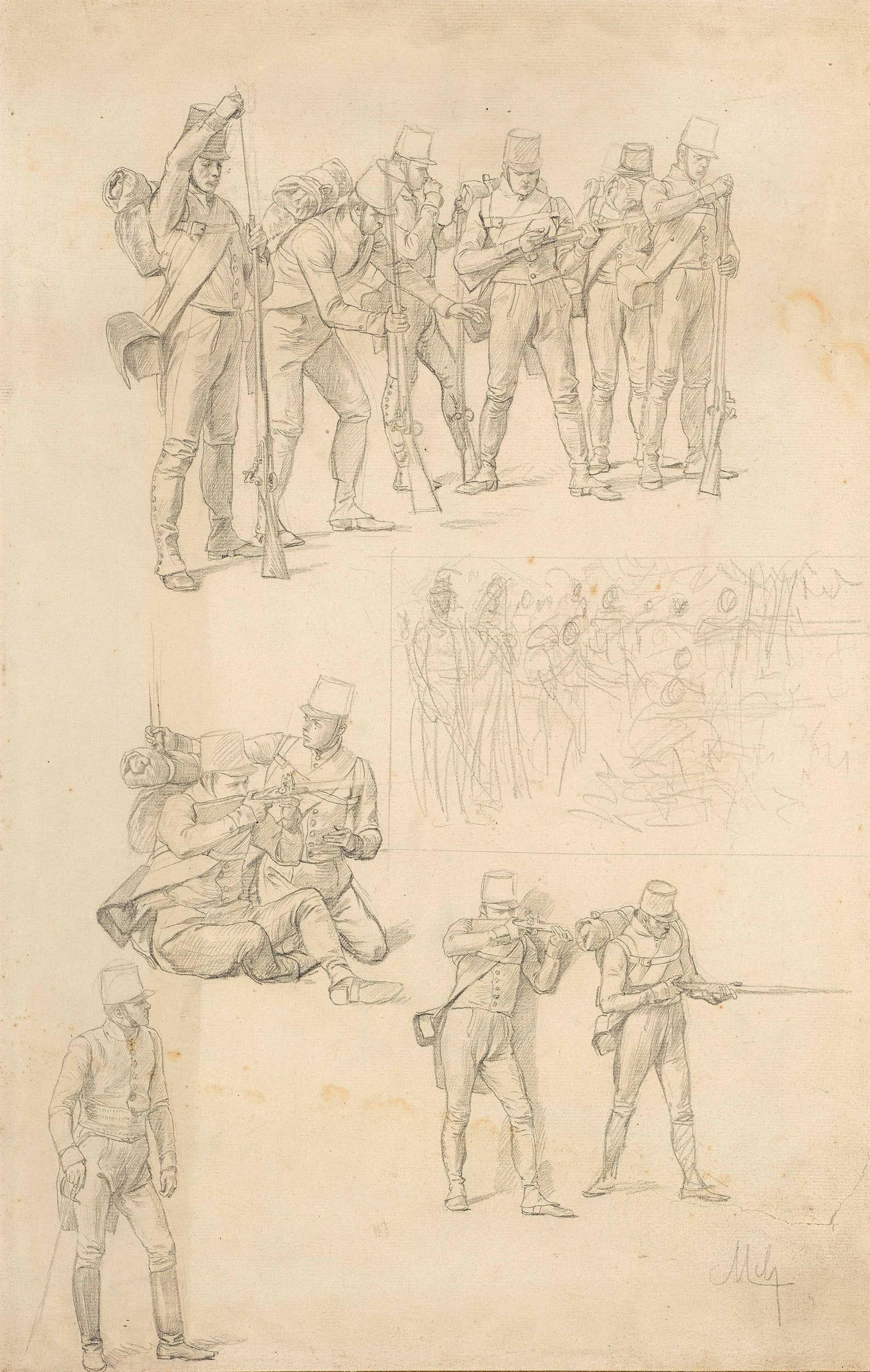 Felician Myrbach von Rheinfeld: Ladende und schießende Soldaten: Felician Myrbach von Rheinfeld Ladende und schießende Soldaten Bleistift auf Papier; ungerahmt 47 x 30 cm (Passep.-Ausschnitt) Monogrammiert rechts unten: Mch Bezeichnet unten mittig am