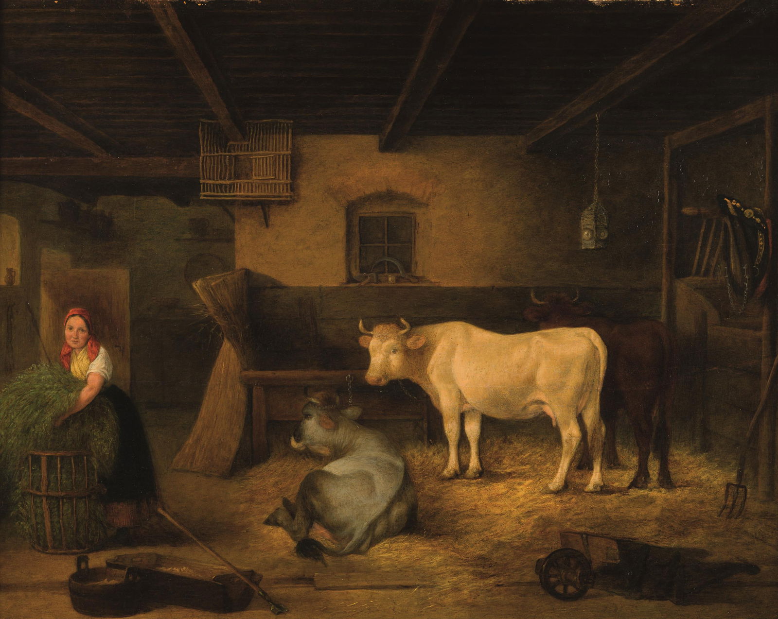 Johann Michael Neder: Fütterung im Kuhstall: Johann Michael Neder Fütterung im Kuhstall Öl auf Holz; gerahmt 45 x 58 cm Rückseitig Etikett Galerie Welz, Salzburg Galerie Welz, Salzburg; Dorotheum Wien, 18.9.1979, Nr. 97, Tafel