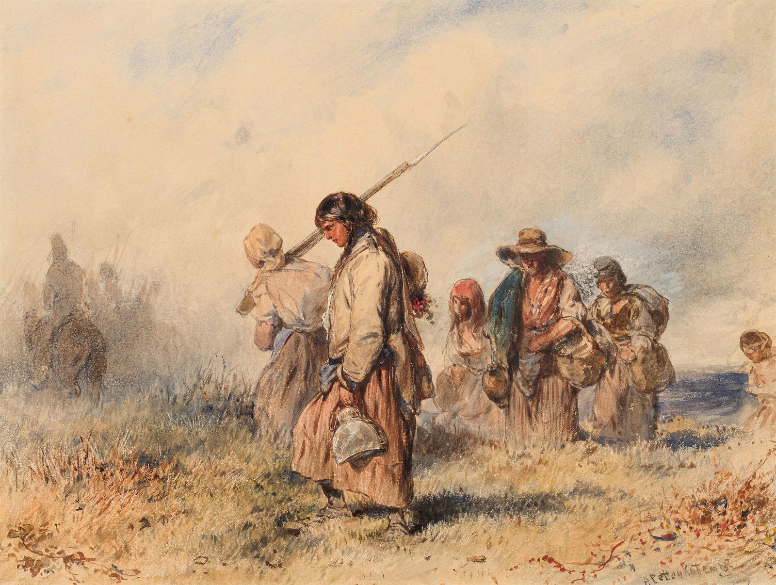 August X. K. Ritter v. Pettenkofen: Marketenderinnen: August X. K. Ritter v. Pettenkofen Marketenderinnen Aquarell auf Papier; gerahmt 19 x 25,5 cm Signiert und undeutlich datiert rechts unten: A. Pettenkoffen 18. Galerie Mag. Peter Kovacek, Wien; 2000