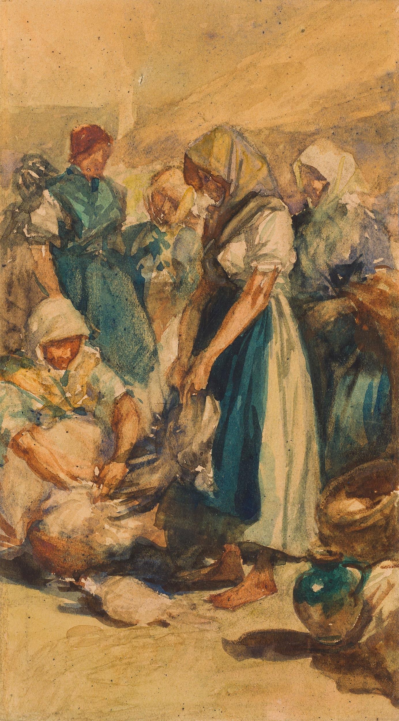 August X. K. Ritter v. Pettenkofen: Ungarische Marktweiber; Skizze dazu (Konvolut 2 Stück): August X. K. Ritter v. Pettenkofen Ungarische Marktweiber; Skizze dazu (Konvolut 2 Stück) Aquarell auf Papier; Bleistift auf Papier; gerahmt 20,8 x 11,5 cm; 11 x 18 cm Bleistiftskizze: rechts