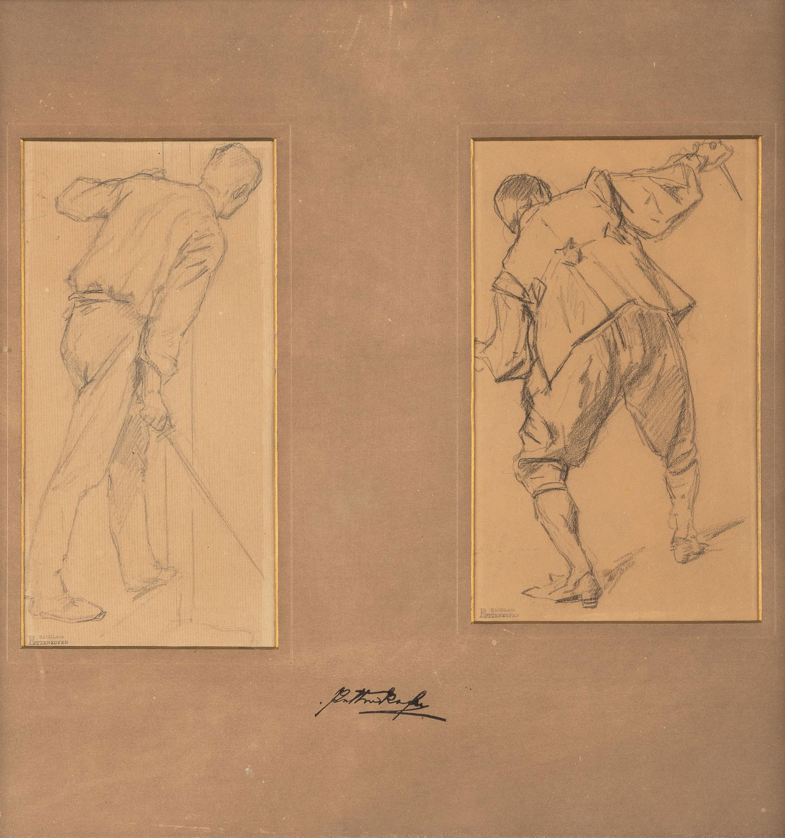 August X. K. Ritter v. Pettenkofen: Zwei Fechterstudien: August X. K. Ritter v. Pettenkofen Zwei Fechterstudien Bleistift auf Papier; gerahmt (zwei Skizzen in einem Rahmen) 22 x 11 cm (Passep.-Ausschnitt); 21 x 12,5 cm (Passep.-Ausschnitt) Nachlassstempel