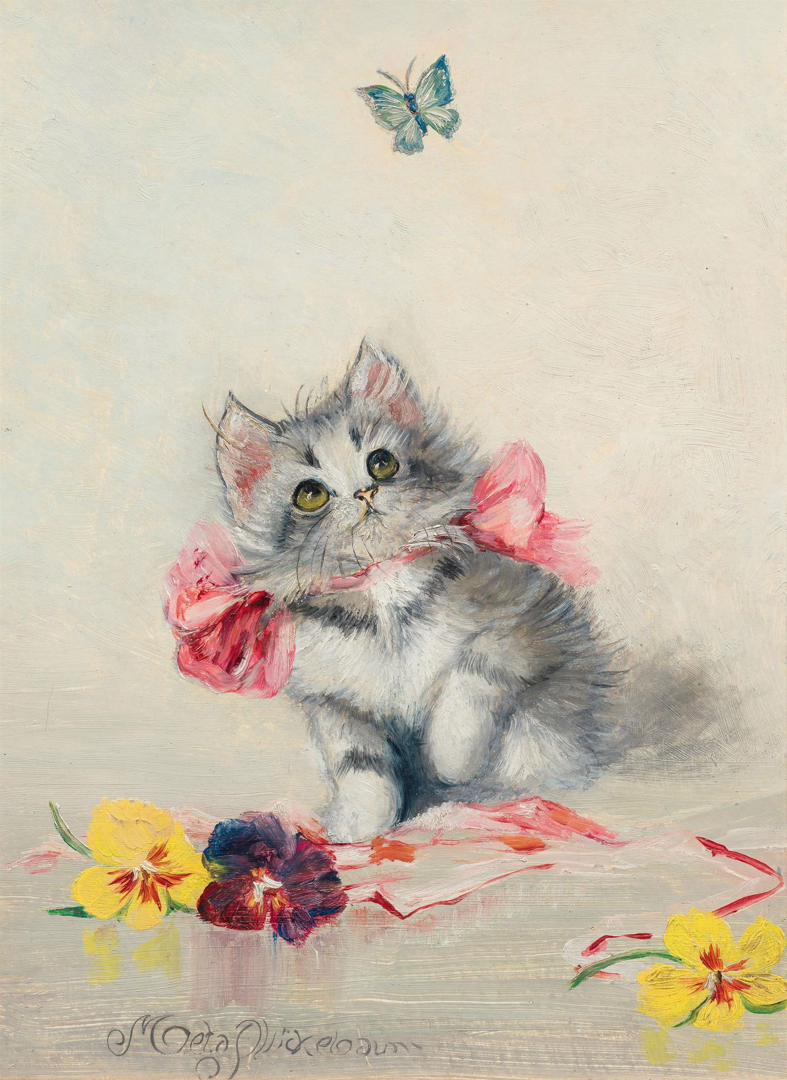 Meta Pflückebaum: Peterchen mit dem Schmetterling: Meta Pflückebaum Peterchen mit dem Schmetterling Öl auf Karton; gerahmt 38,5 x 29 cm Signiert links unten: Meta Pflückebaum; rückseitig signiert und betitelt österreichischer