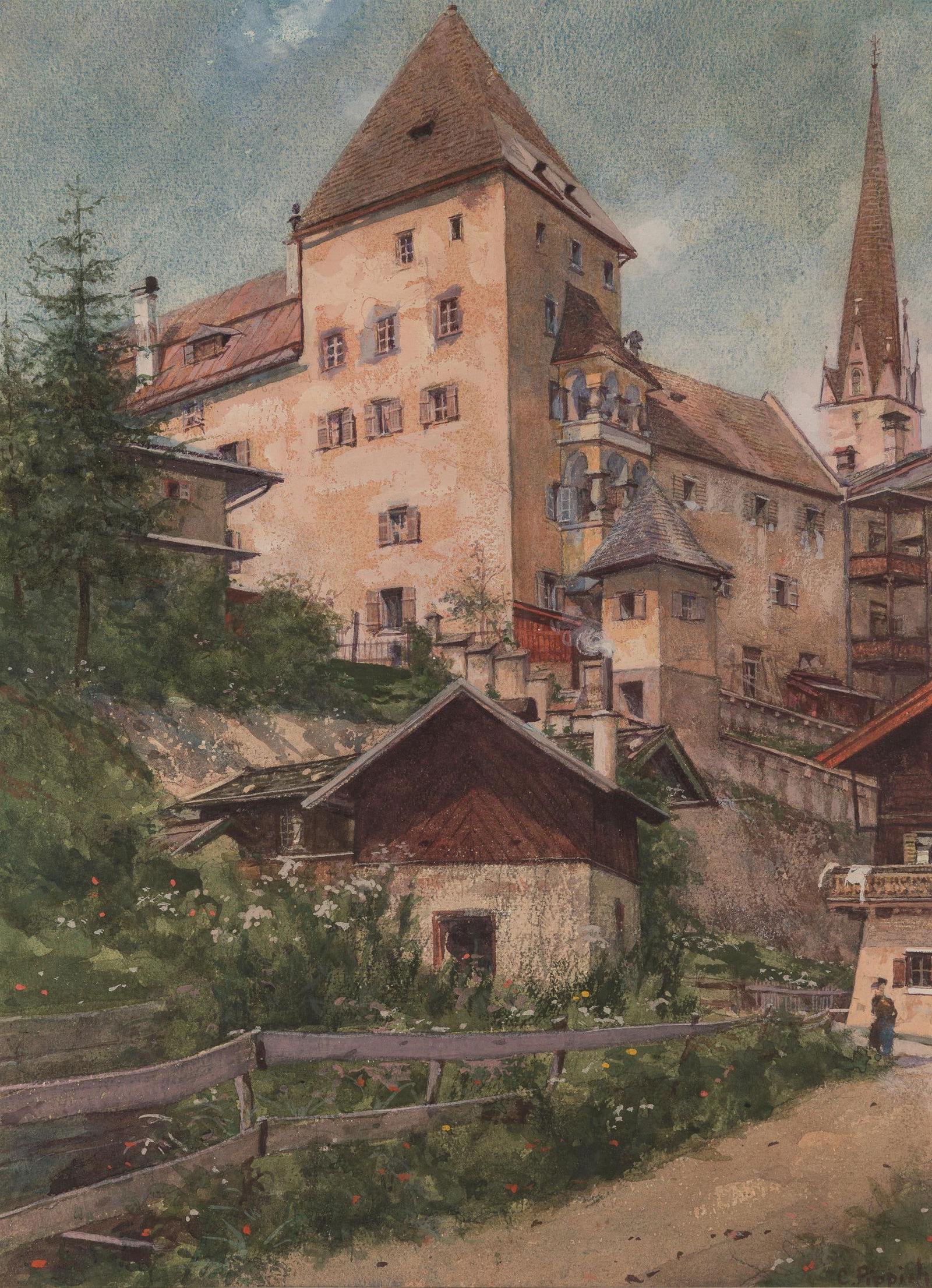 Carl Pippich: Altes Schloss in Kitzbühel: Carl Pippich Altes Schloss in Kitzbühel Aquarell auf Papier; gerahmt 37,5 x 27,5 cm (Passep.-Ausschnitt) Signiert rechts unten: C. Pippich Rückseitig Etikett Künstlerhaus Wien: